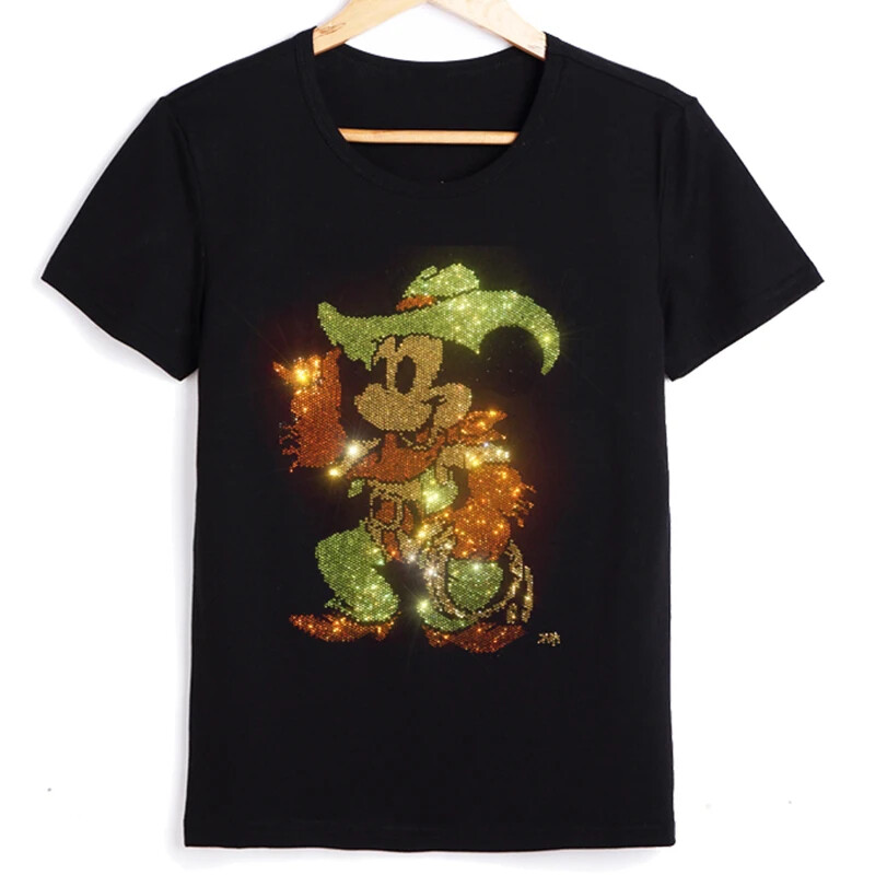 New Men Luxury Diamond Cartoon Rhinestones Fashion Black T-Shirt High Quality