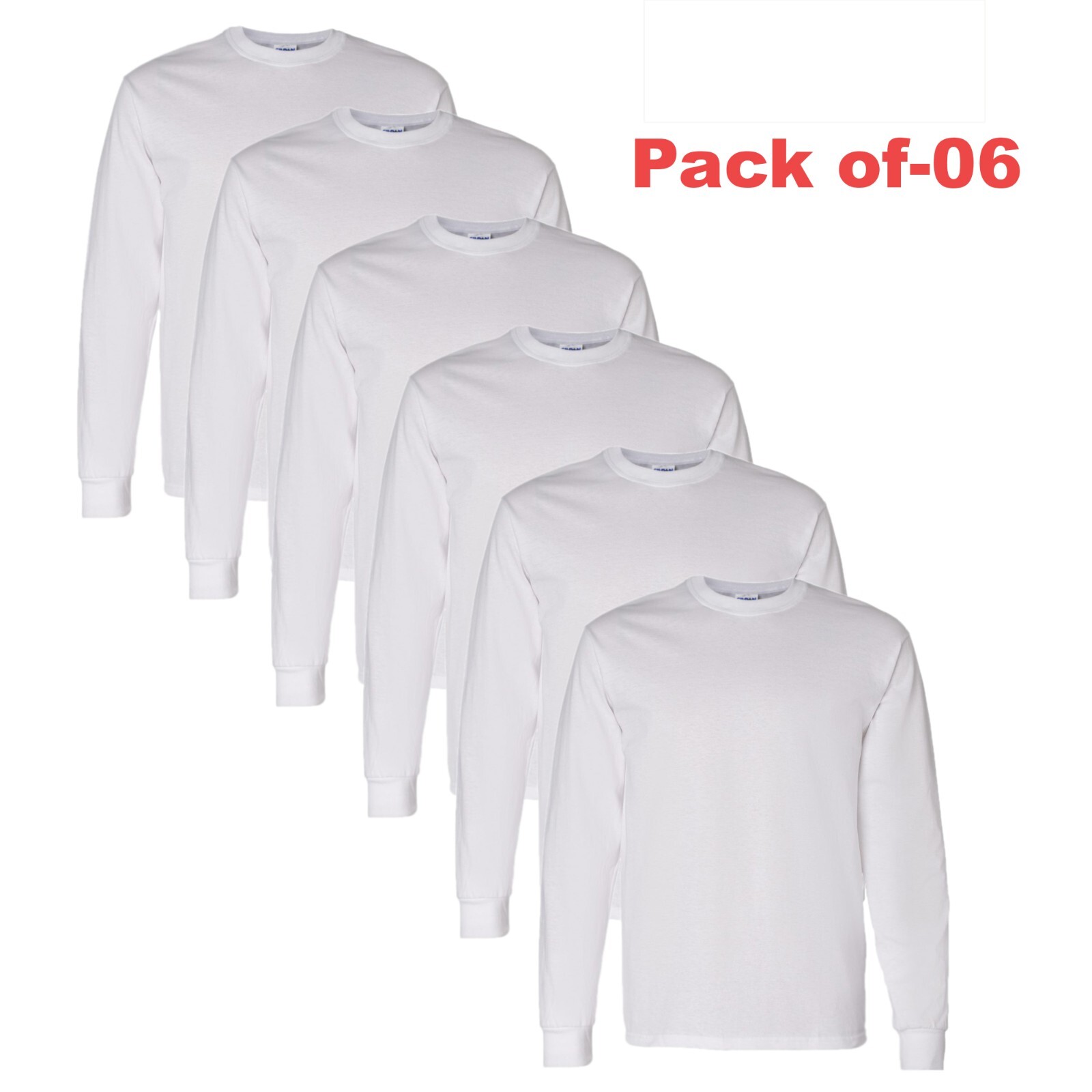 Gildan – Long Crew Neck Tee 100% Heavy Cotton White Color T-Shirt Pack 6