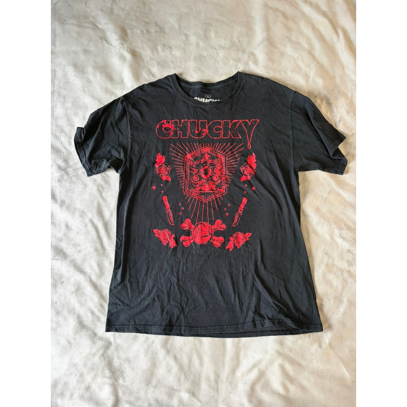 Chucky Childs Play Good Guys Horror Movie Graphic T-Shirt Black Red Mens Large