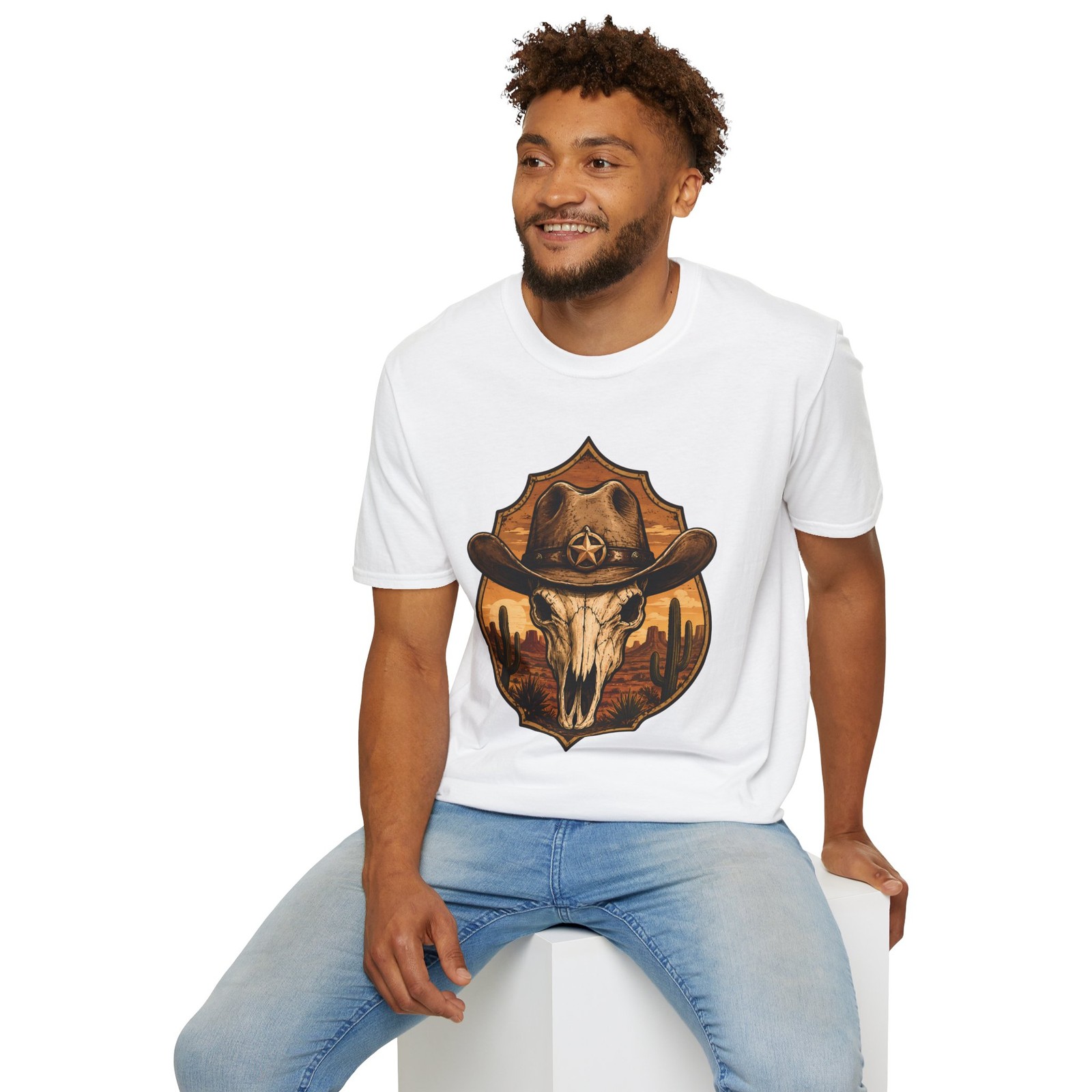 Western Skull Cowboy Desert Badge Vintage Ranch Outlaw Unisex Softstyle T-Shirt