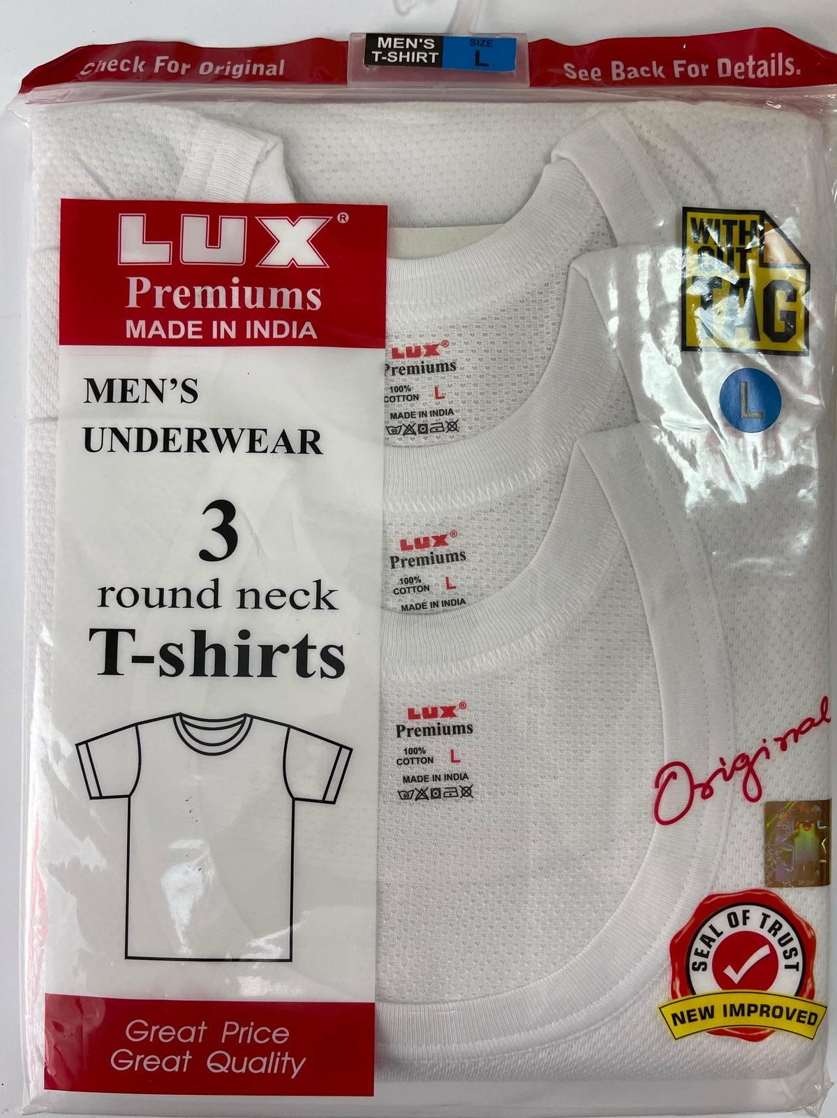 LUX PREMIUM JALI 100% COTTON MEN`S TEXTURED T- SHIRT WHITE PACK OF 3 PCS