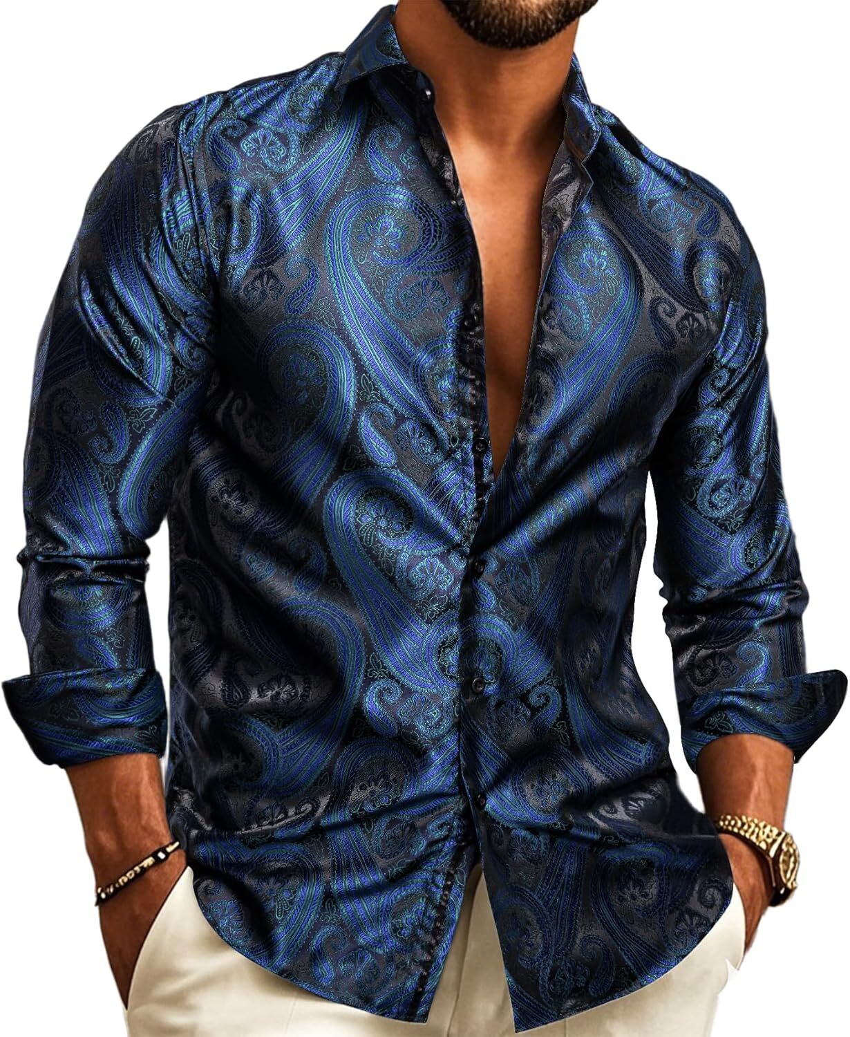Mens Silk Paisley Western Shirt Long Sleeve Button Down Cowboy Dress Top Casual