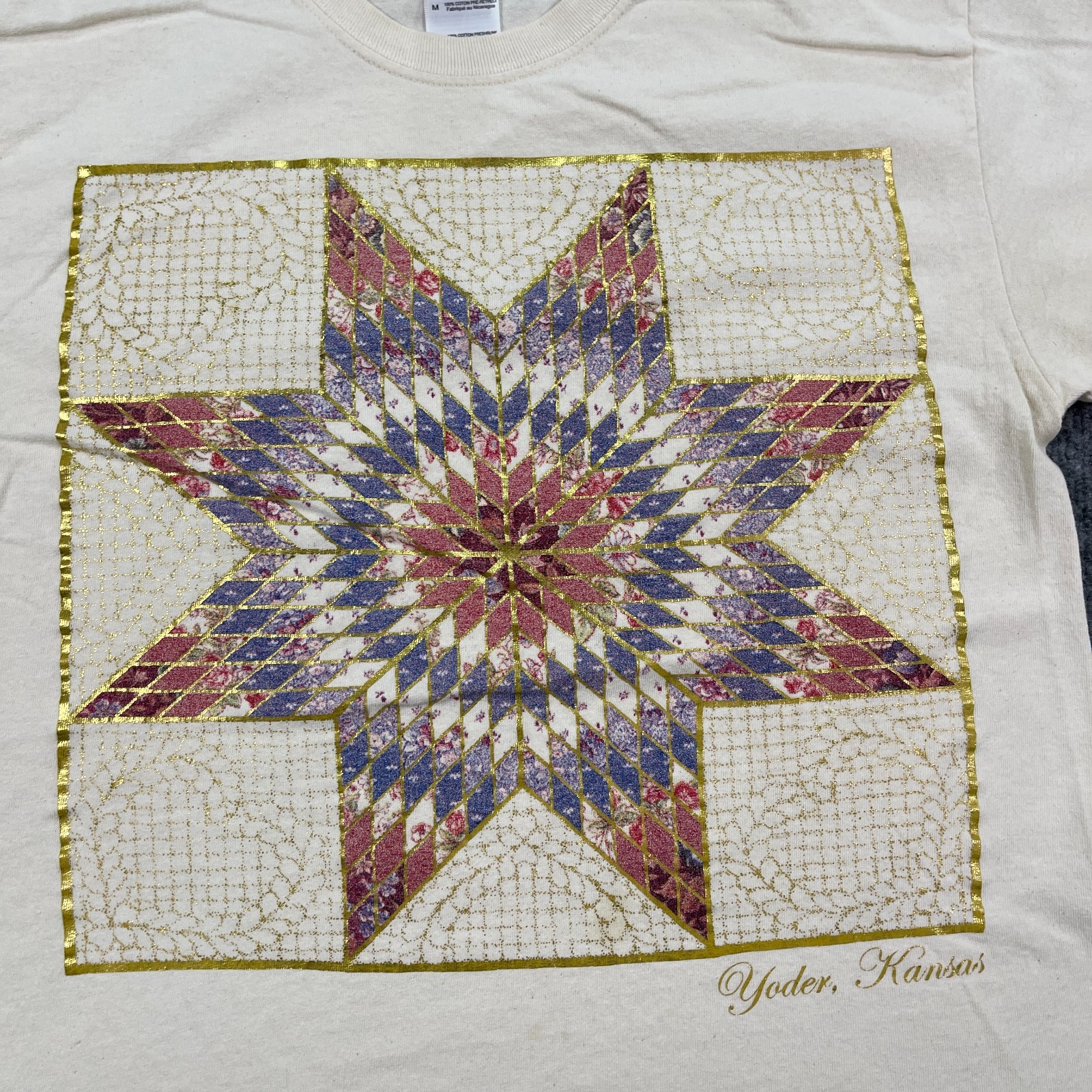 Vintage Y2K Yoder Kansas Quilt Star Pattern Shirt Medium 20×26 Crossroads Design