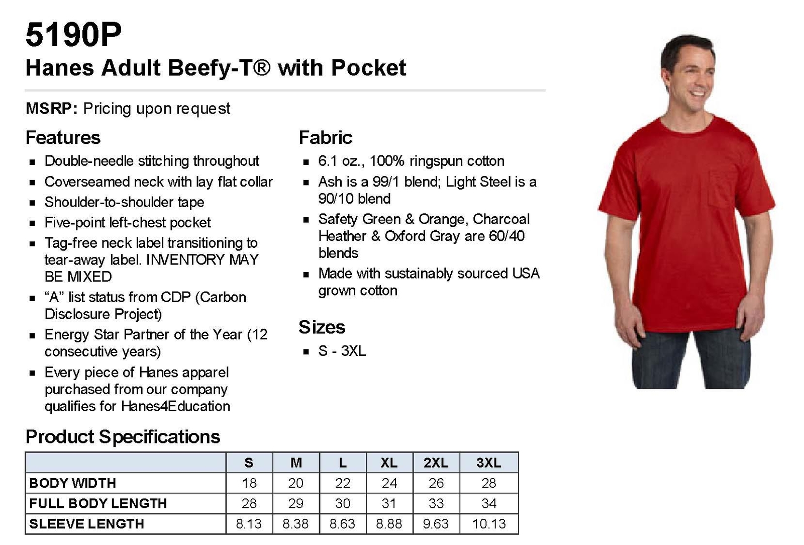 Hanes Mens Pocket T-Shirt 100% Heavy Cotton 6.1 oz Beefy T Big 2XL-3XL B-5190P