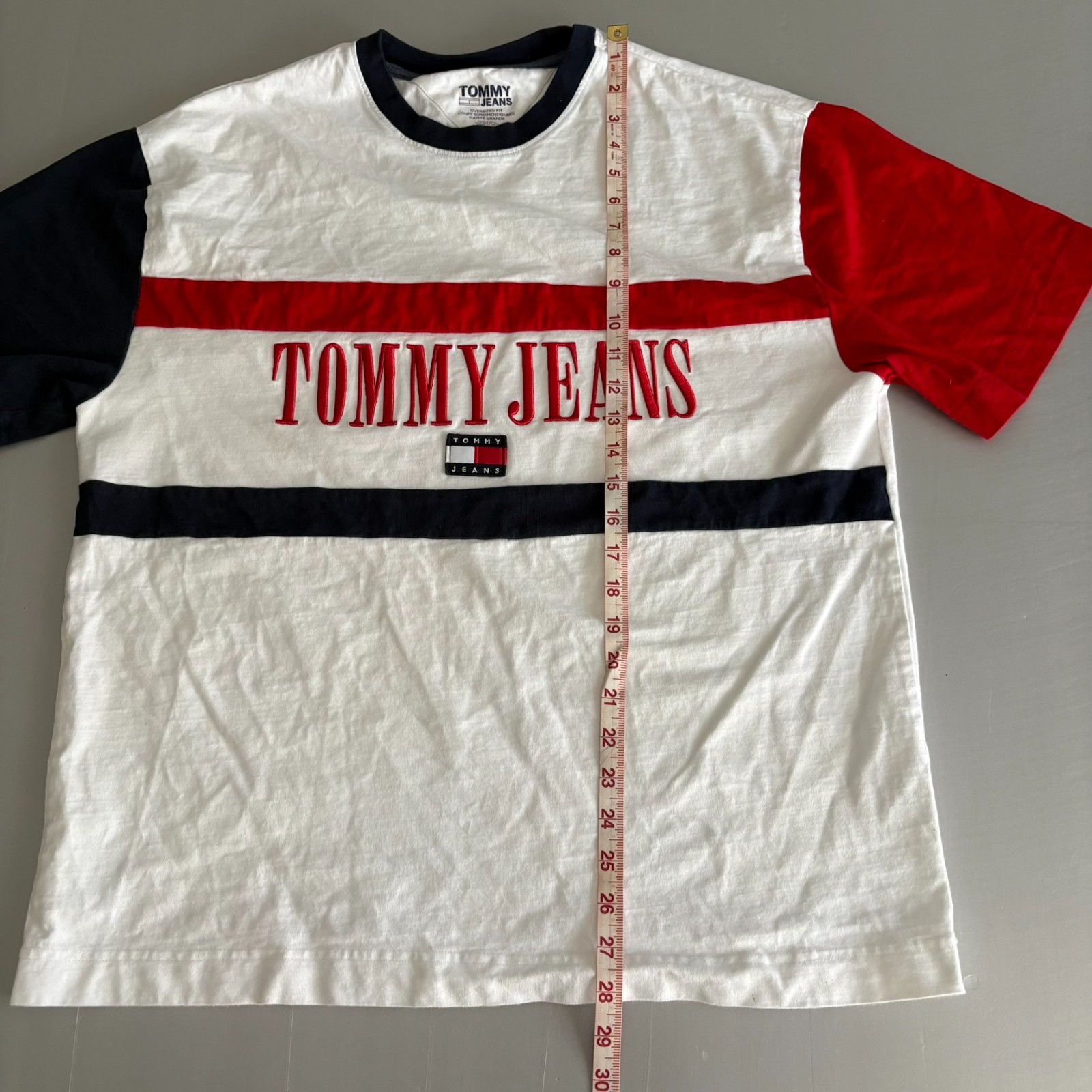 Tommy Jeans Oversized Fit Color Block T-Shirt L Flag Logo Embroidered VTG 90 80