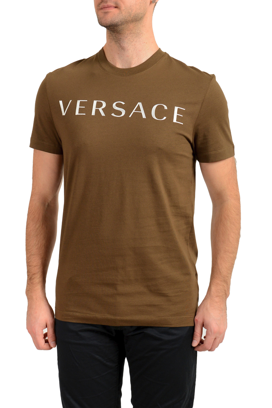Versace Men’s Military Green Logo Embellished Crewneck T-Shirt US 2XL IT 56
