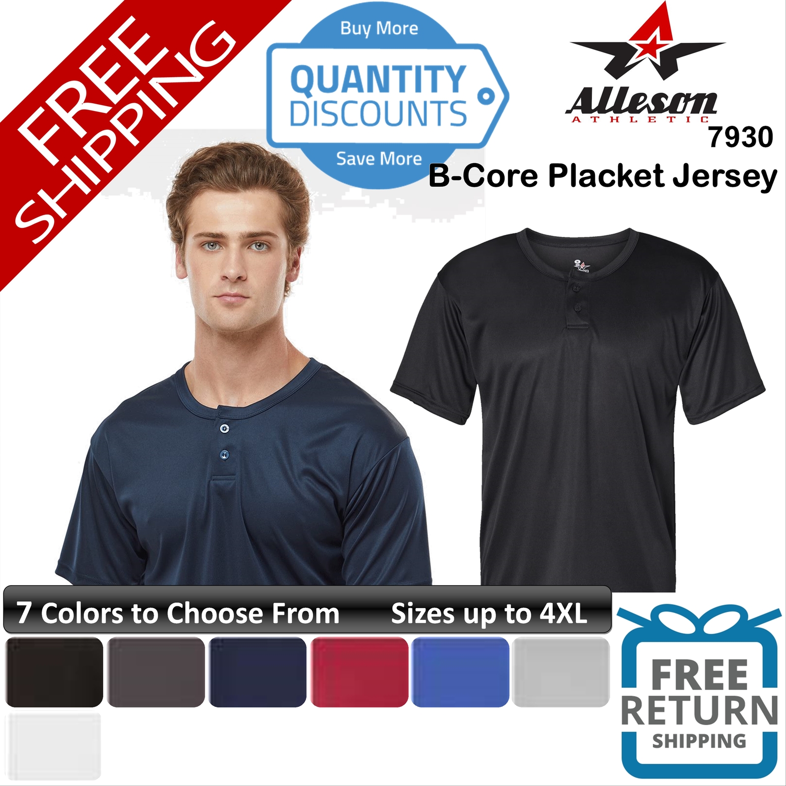 🔥 Alleson Athletic Men B-core Placket Jersey Two-button Shirt Upto 4XL 7930