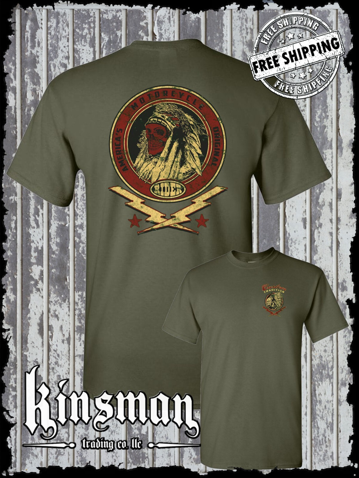 Custom Tradition Motorcycle Biker 2-Sided T-Shirt / Indian Skull War Bonnet