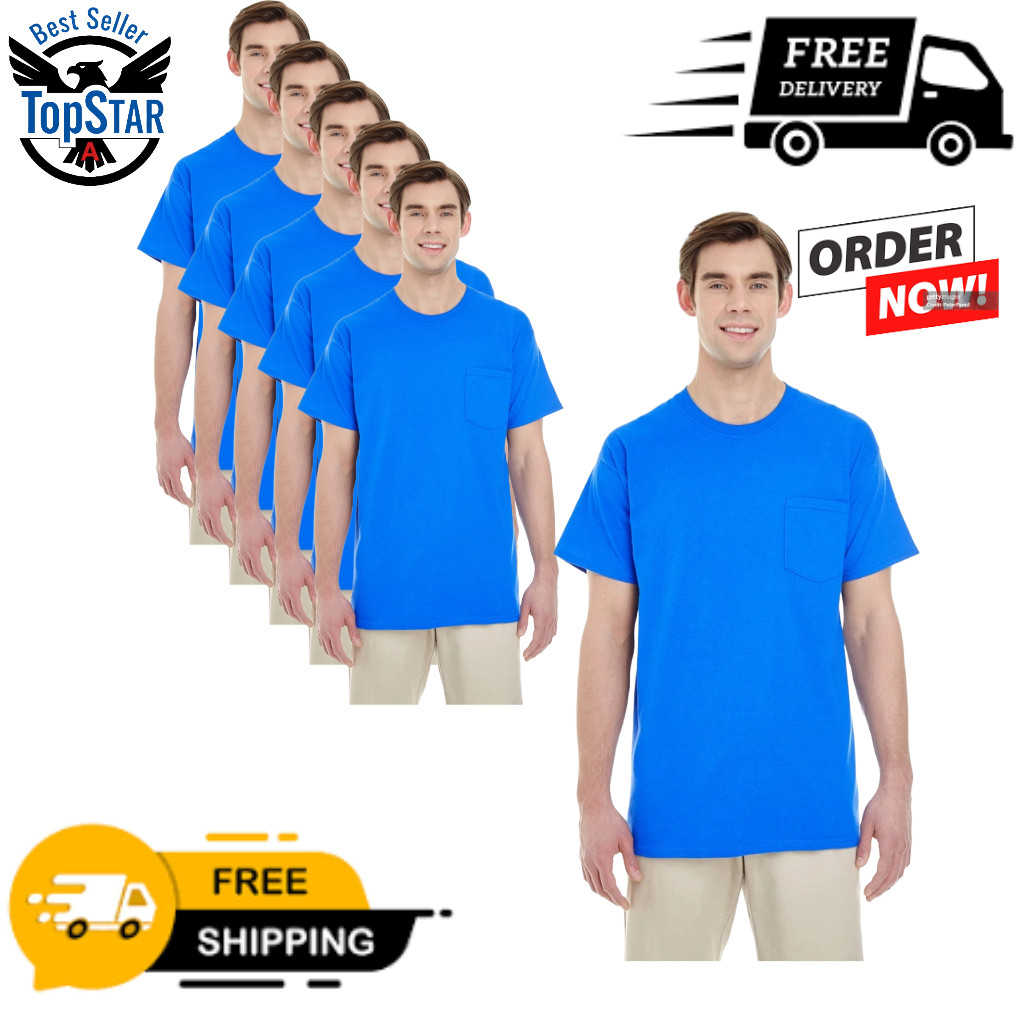 6- Pack Royal Gildan Unisex Heavy Cotton Pocket Stylish Plain T-Shirt – G530
