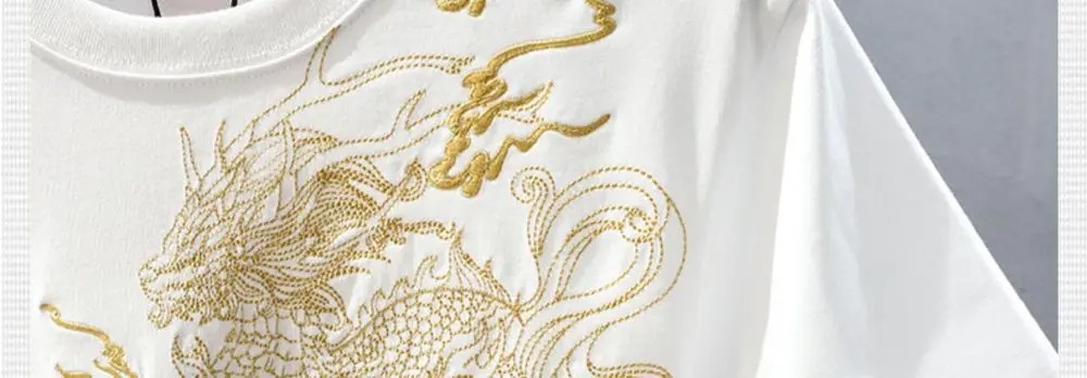 Men’s Luxury Golden Dragon Embroidery T-Shirt Casual Fashion Slim Fit Tee Top