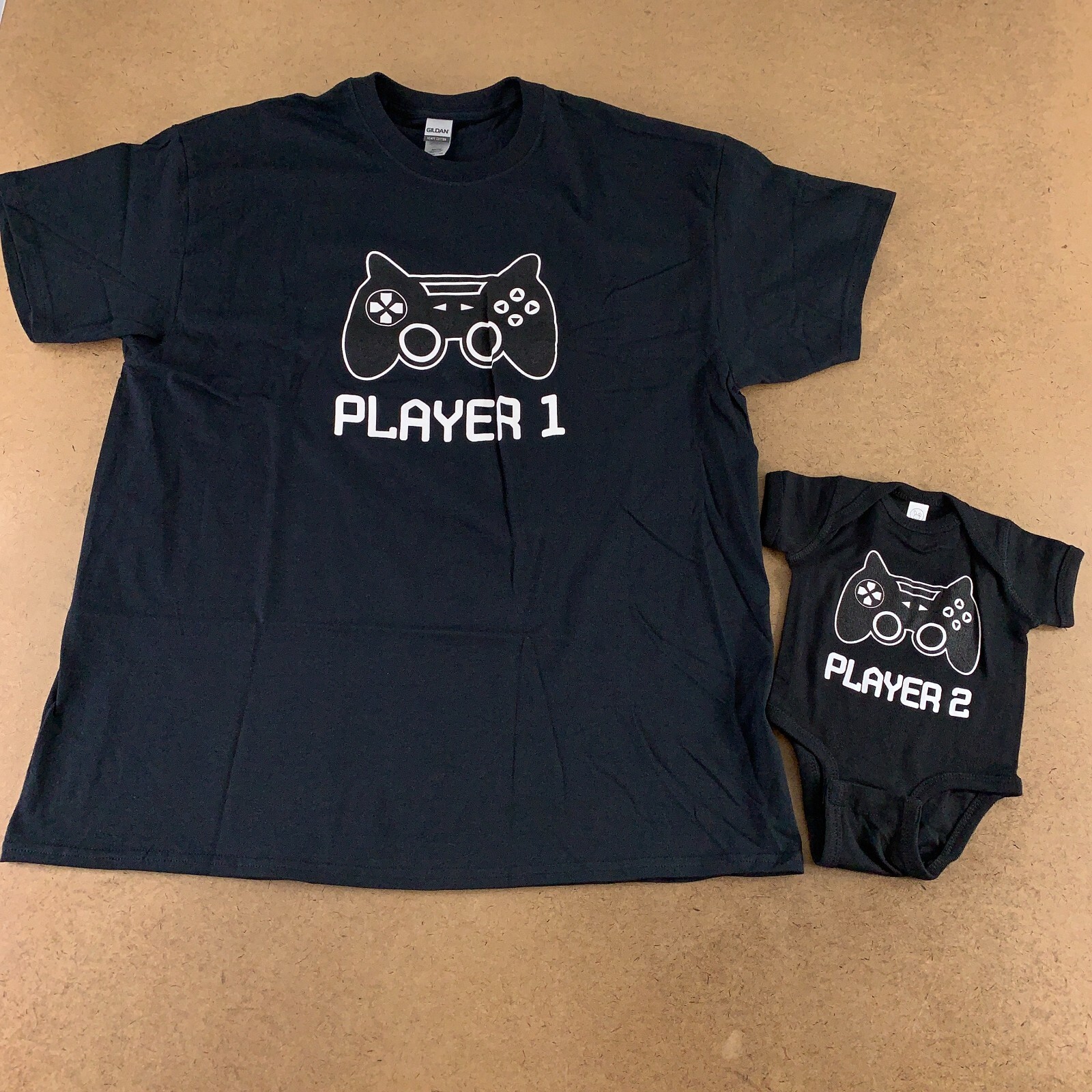 Adult XL & Newborn Gaming Player One Player Two Fun T-Shirt & Bodysuit Set New