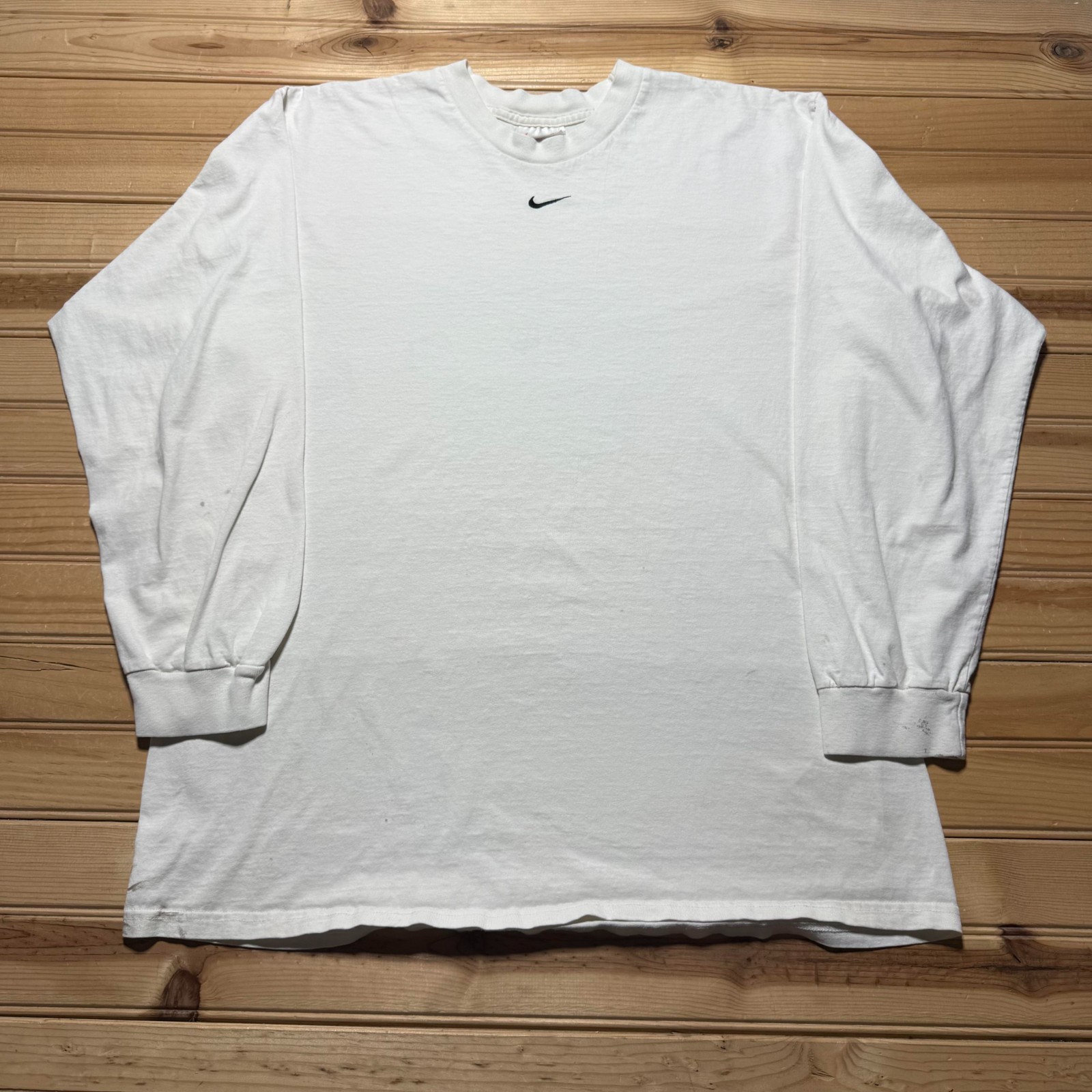 Vintage 90s Nike Embroidered Mini Center Swoosh Blank Long Sleeve Shirt – Large