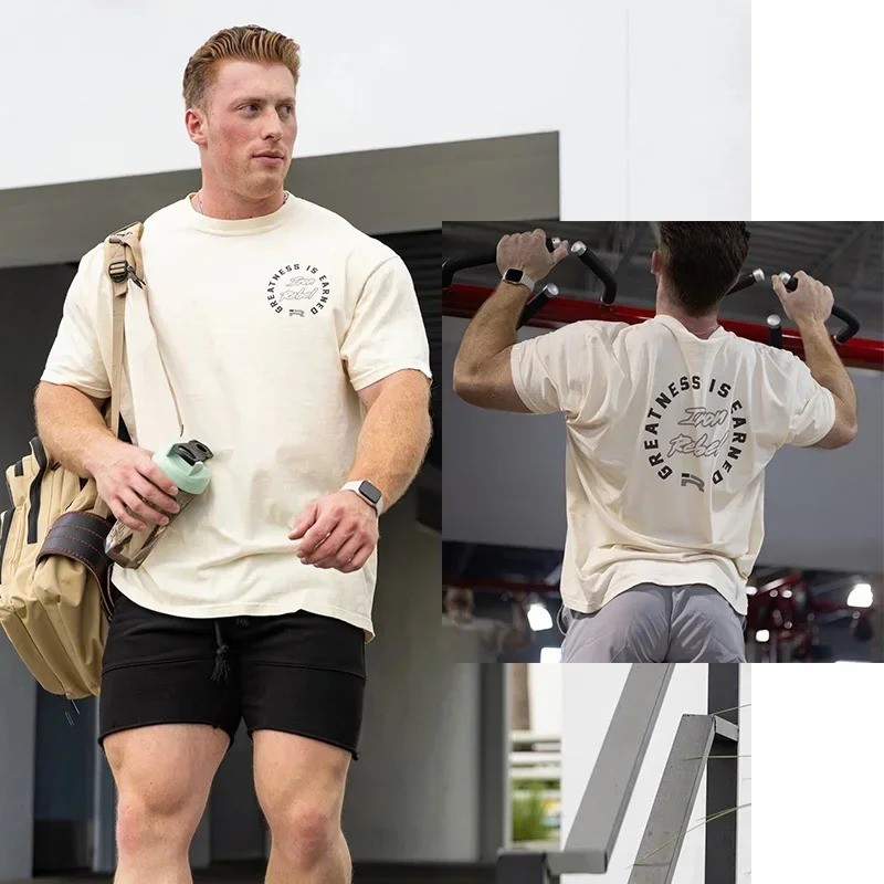 100% Cotton Men’s Printed Oversized T-shirt Crew Neck Short Sleeve Gym Training