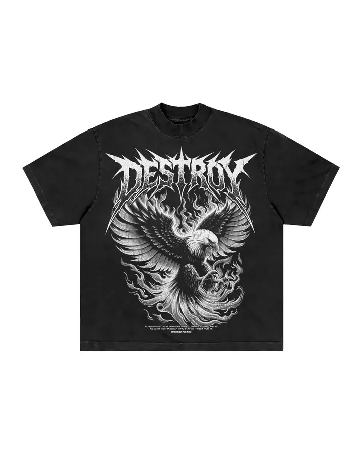 Men’s Vintage Washed Graphic T-Shirt Eagle Fire Print Gothic Streetwear Tee