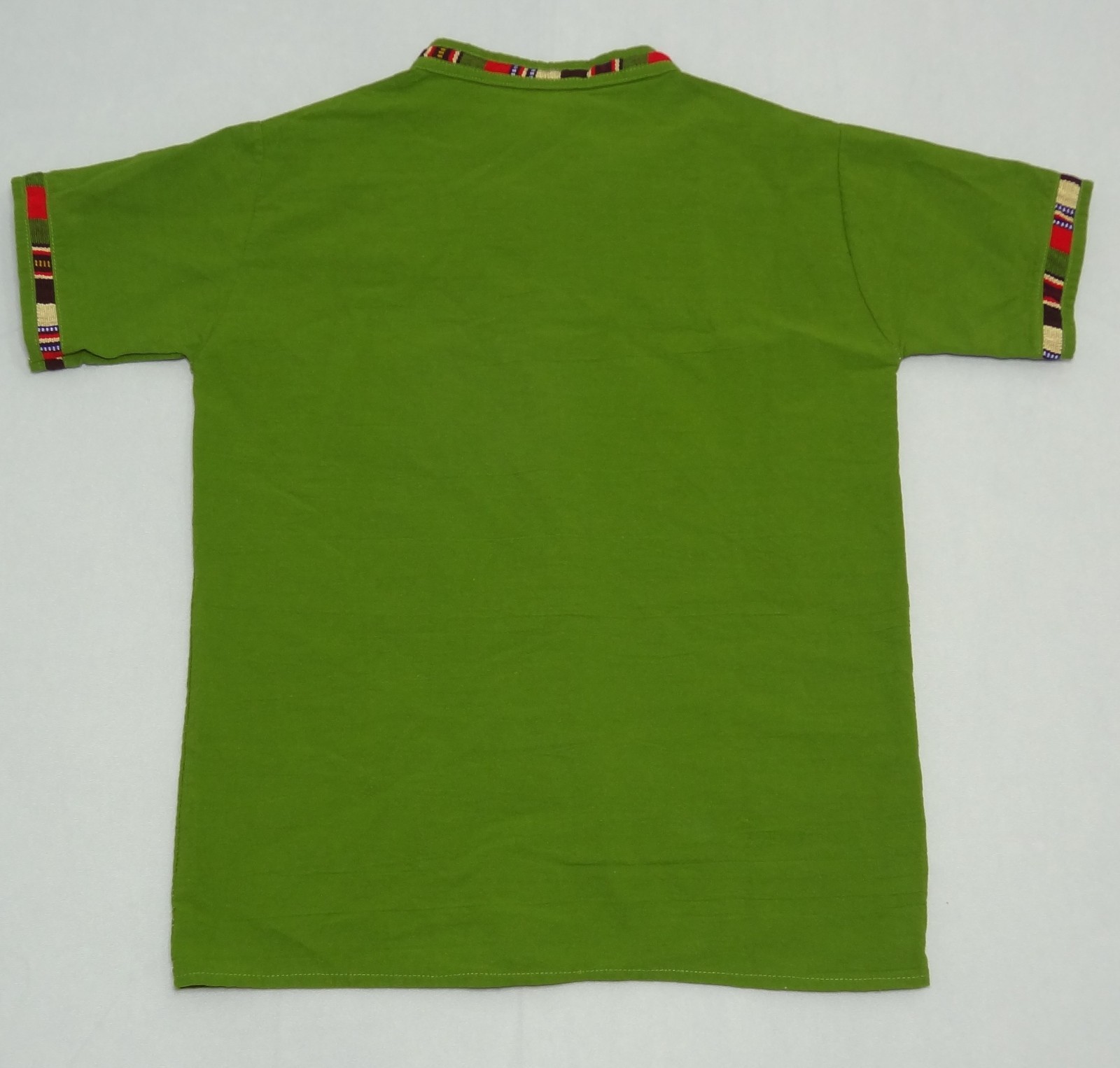 Artisanal Guatemalan Colorful Trim Shirt Green Cotton Mayan Men’s M / Women’s L