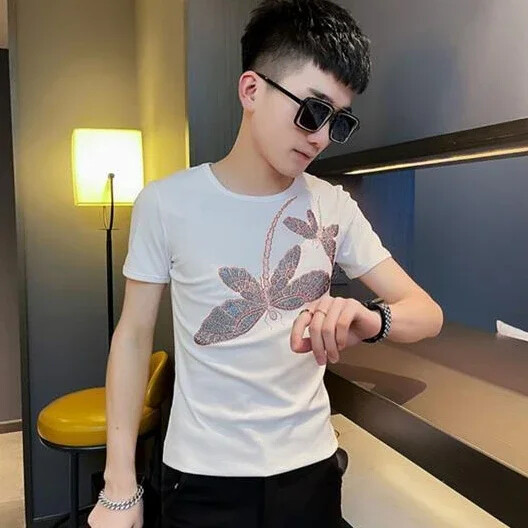 New Men Luxury Rhinestones Dragonfly Fashion Black White T-Shirt High Quality