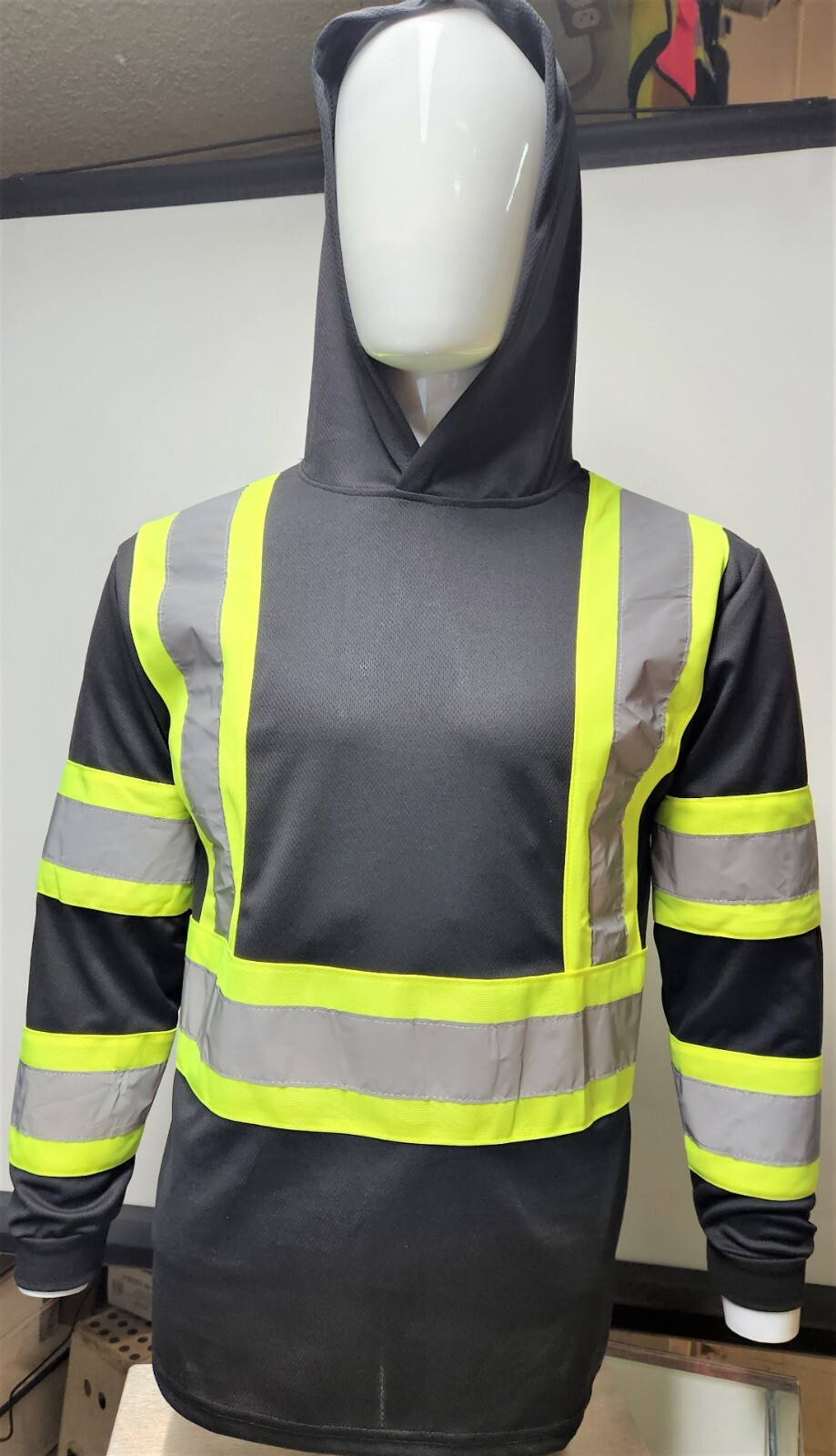 Black Long Sleeve Safety Shirt With Hoodie, Polyester Birdeye mesh Class 1