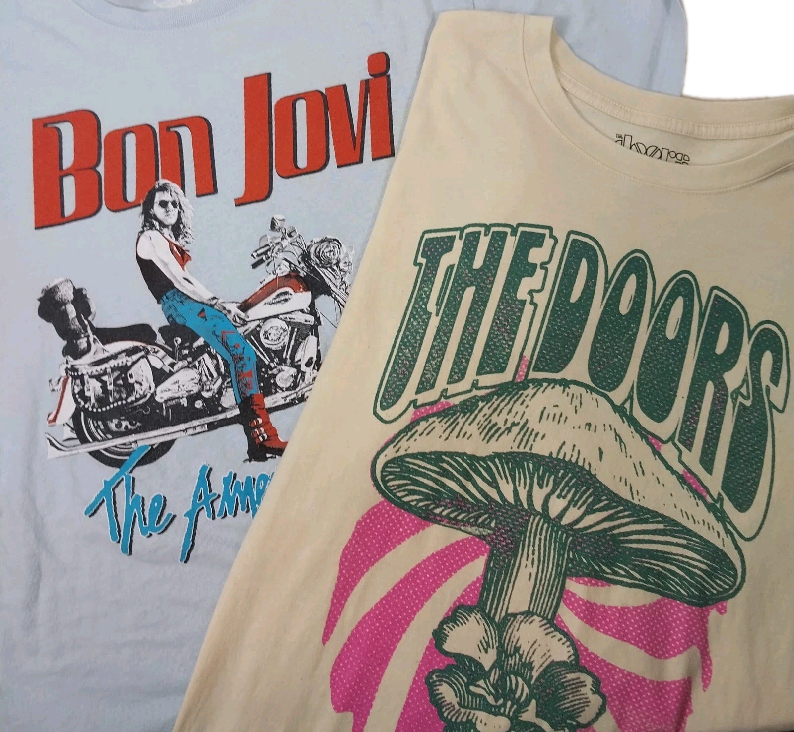 Lot of 2 Rock Band T-Shirts Women’s XS Bon Jovi The Doors Mushroom Reprint Tees