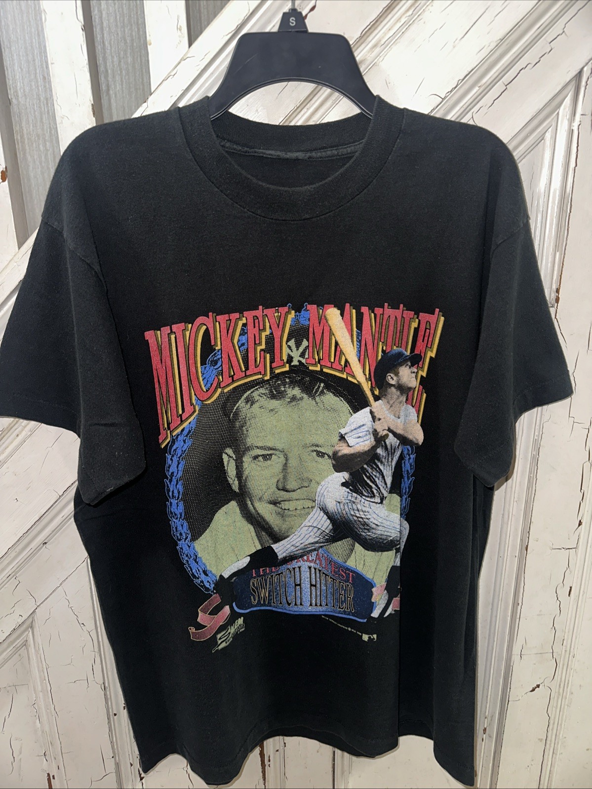 1990 Salem Sportswear Mickey Mantle Switch Hitters Single Stitch Shirt 22×30