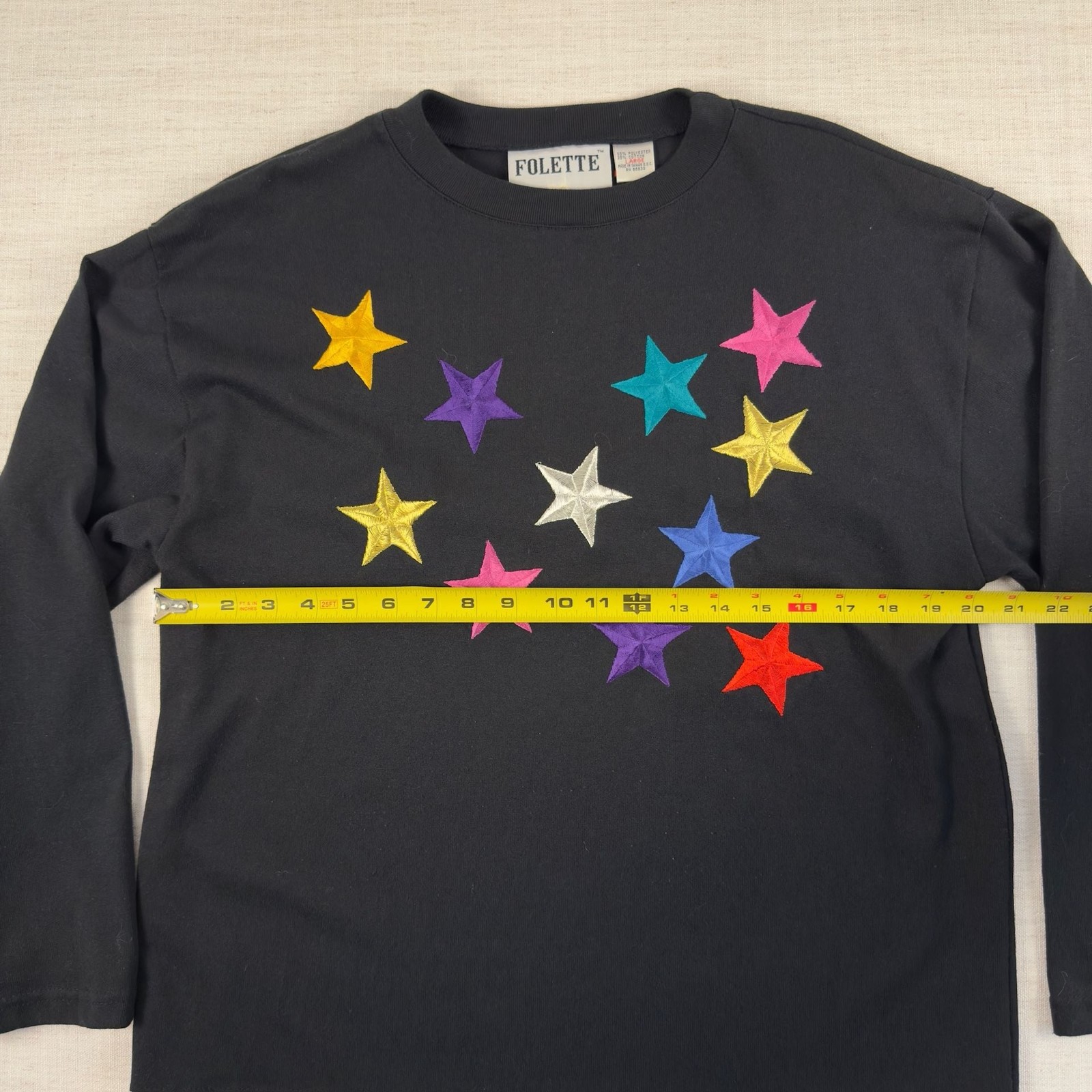 Folette Vintage Embroidered Multi-Color Star Long Sleeve Shirt Size Large