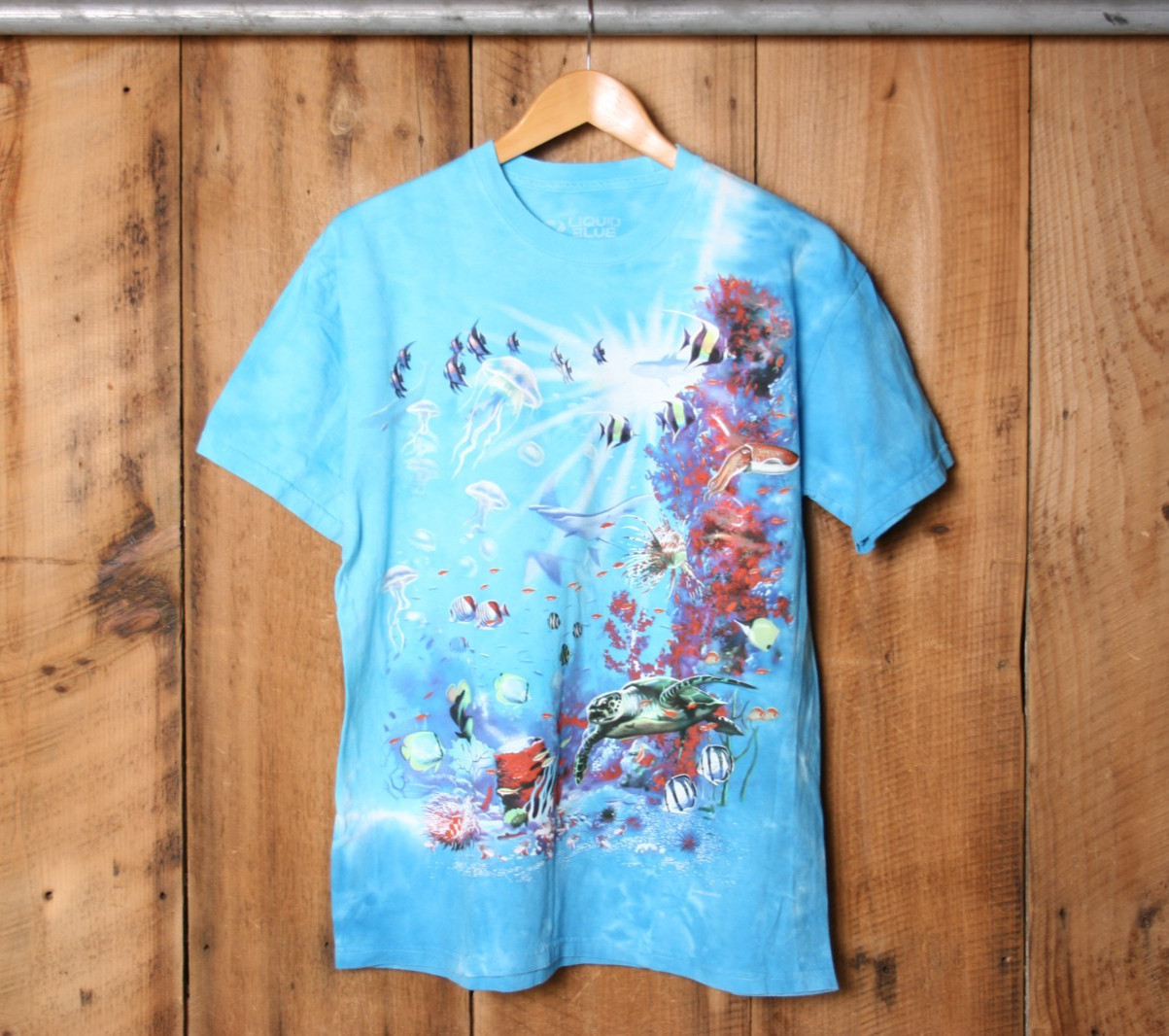 LIQUID BLUE Aquatic Ecosystem Fish, Sea Turtle, Anemones Tie-Dye T-Shirt Sz. L