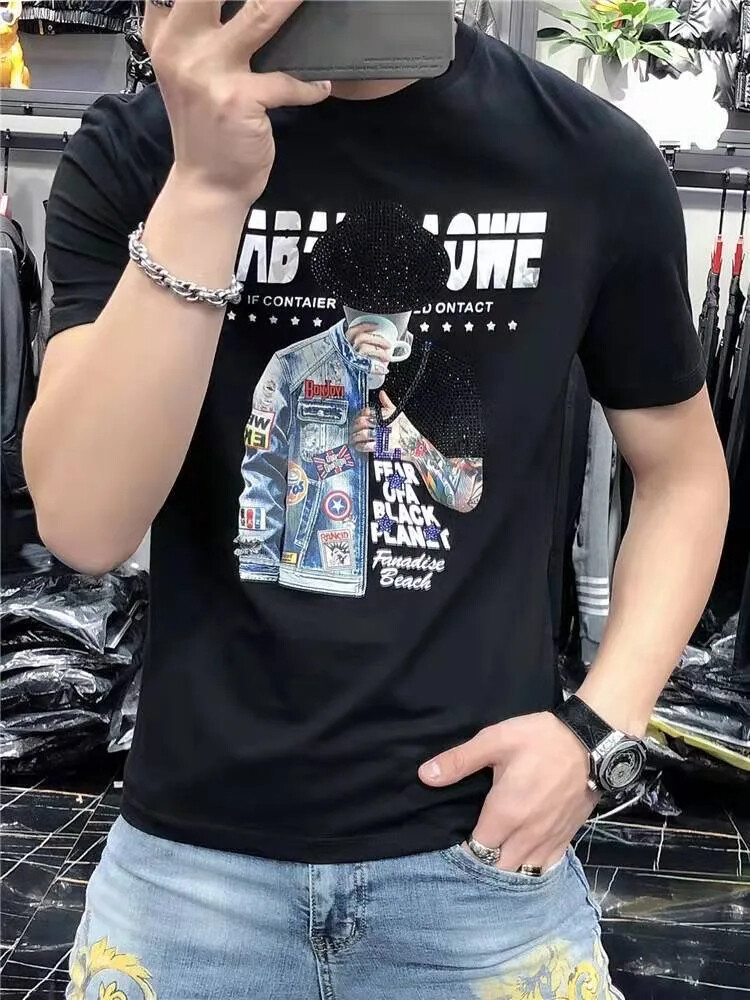 New Men Luxury Rhinestones Fashion Black White T-Shirt High Quality