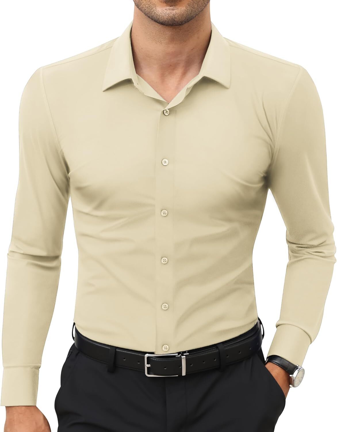 Stretch Slim Fit Wrinkle Free Long Sleeve Dress Shirt for Men Button Down