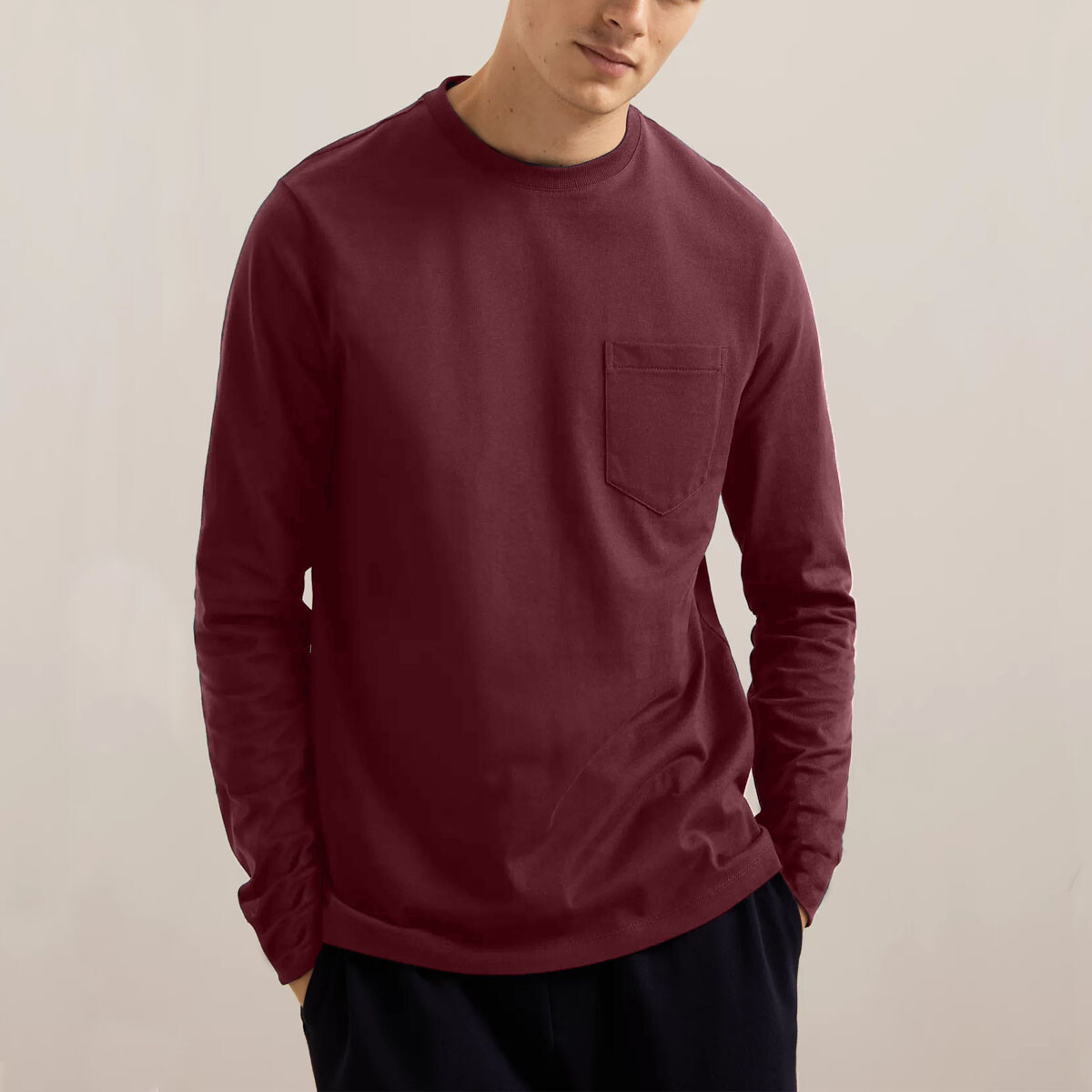 Mens Long Sleeve T-Shirt Plain Crew Round Neck Casual 100% Cotton Pocket Tee Top