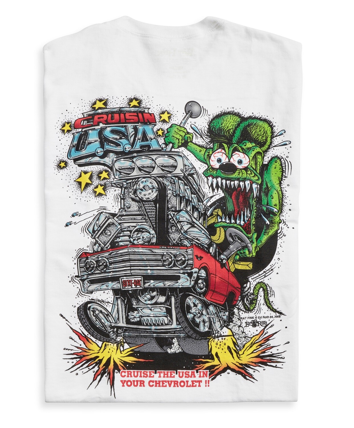 Men’s Ed Big Daddy Roth Rat Fink Chevy Cruisin USA White Cotton T-Shirt M-3XL