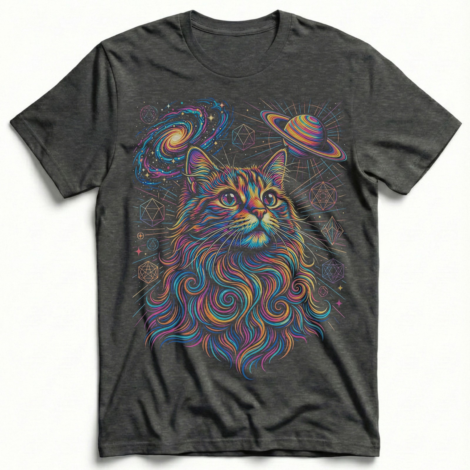 Cosmic Cat Saturn Galaxy Sacred Geo Psychedelic T-Shirt Trippy Space Feline Tee