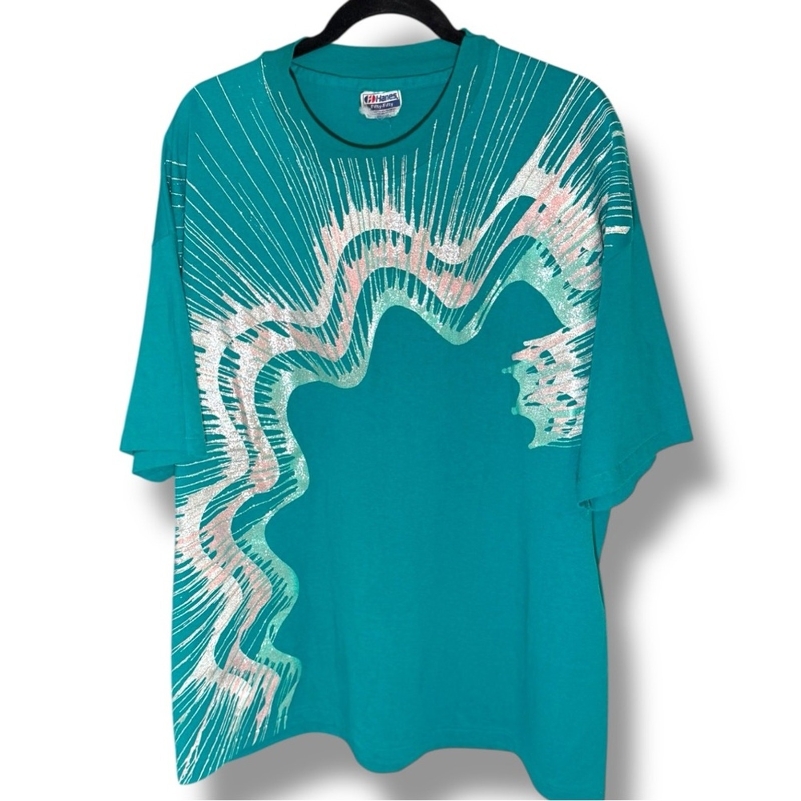 Vintage 80s Hanes Fifty-Fifty Abstract Silver Foil Graphic T Shirt Large