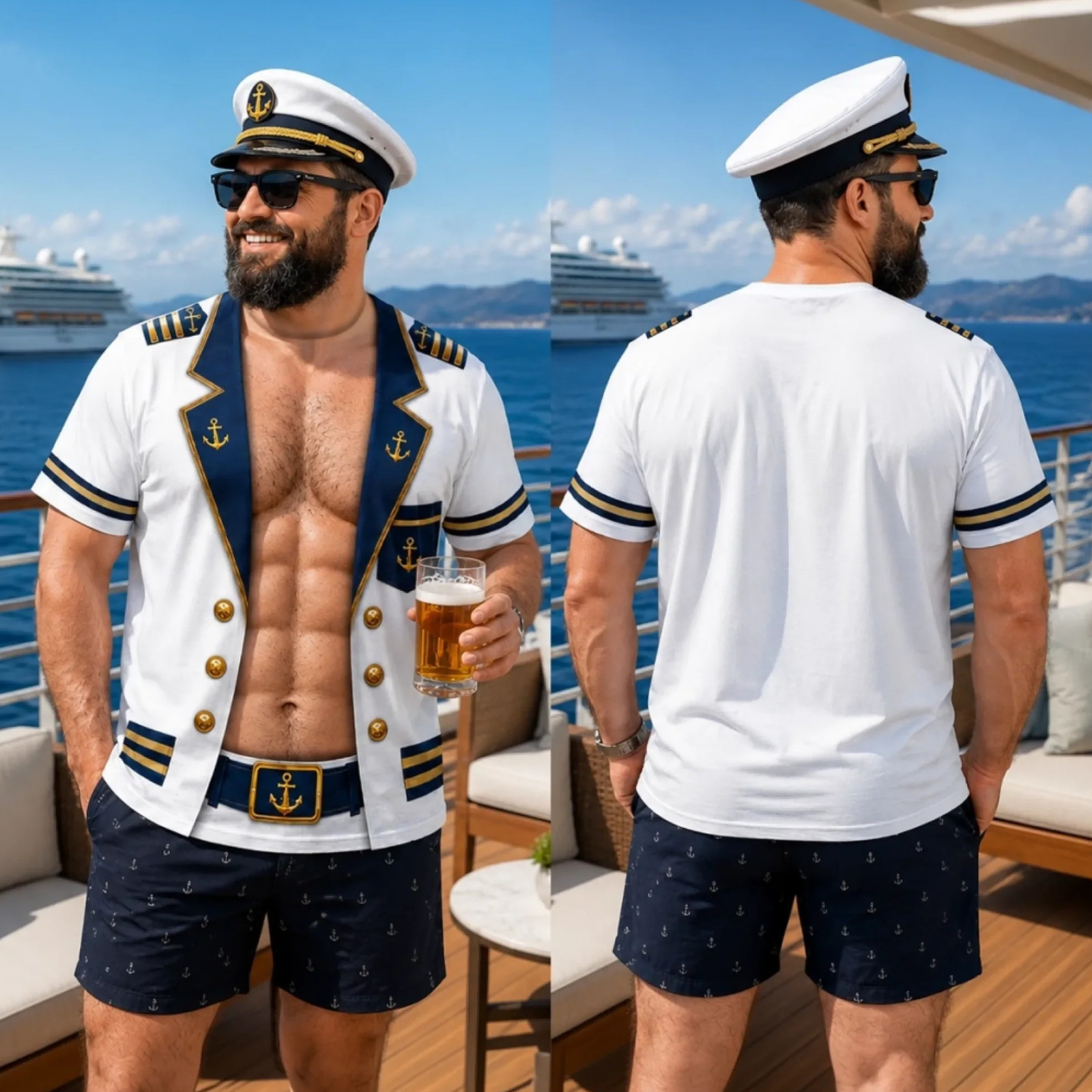 Captain Costume T-Shirt 3D Muscle Sailor Halloween Cruise Funny Shirt(S-5XL)