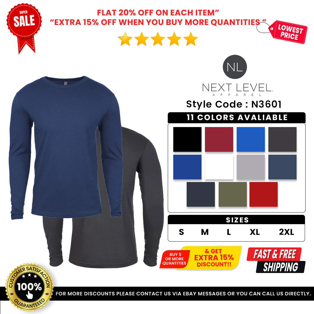 Next Level Apparel 3601 Men’s Long Sleeve Cotton Crewneck Tee Top T-Shirt