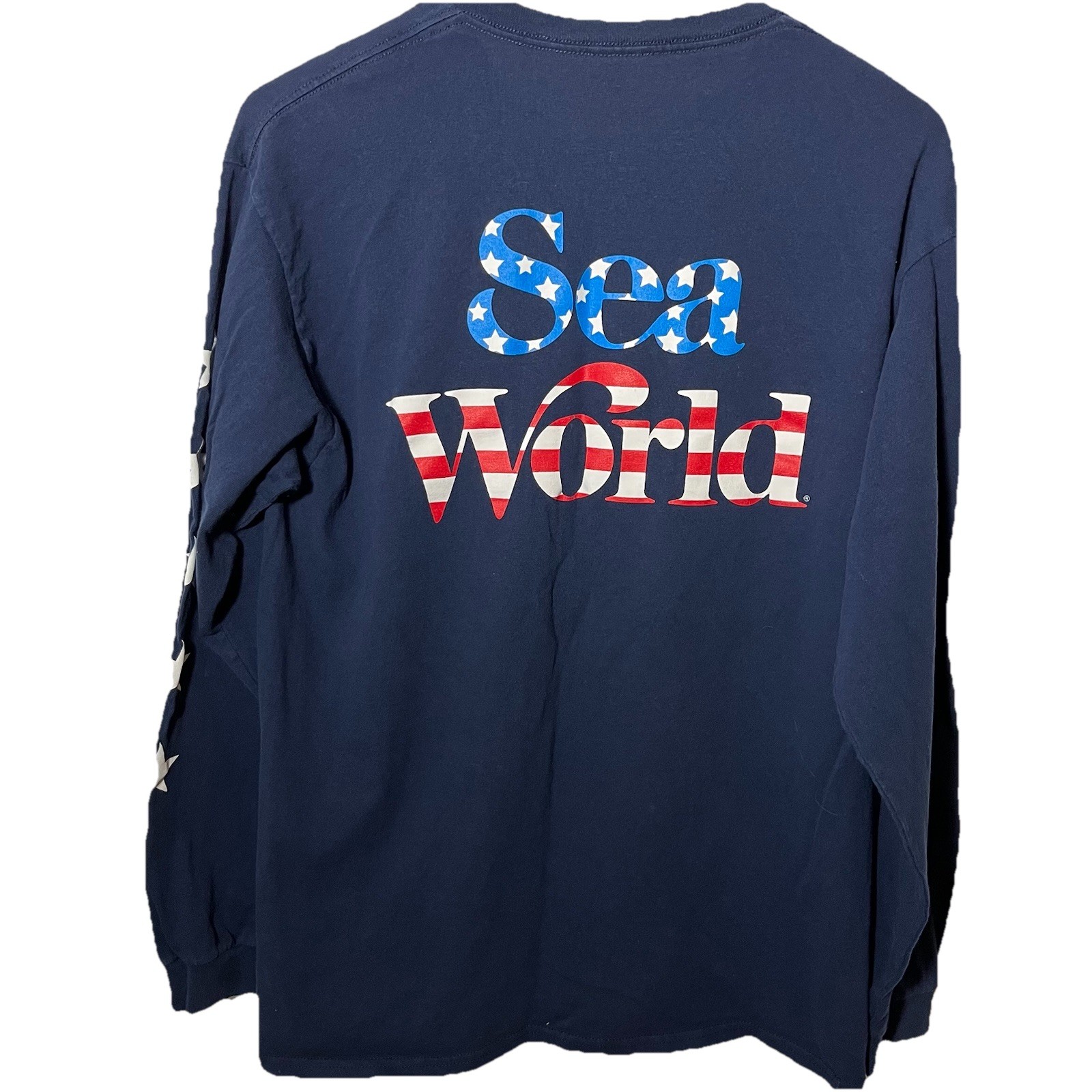 Marine World Navy Blue Red-White-Blue Stars Logo Size Large 100% Cotton