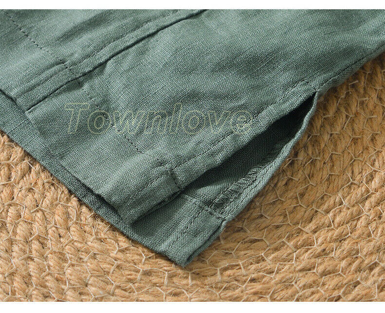Men 100% Linen V Neck T-shirt Retro Summer Short Sleeves Tops Casual Undershirt