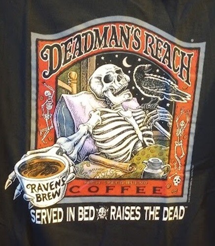 Ray Troll Deadman’s Reach Coffee New adult t-shirt XX, XL, L, M, S Ravens Brew