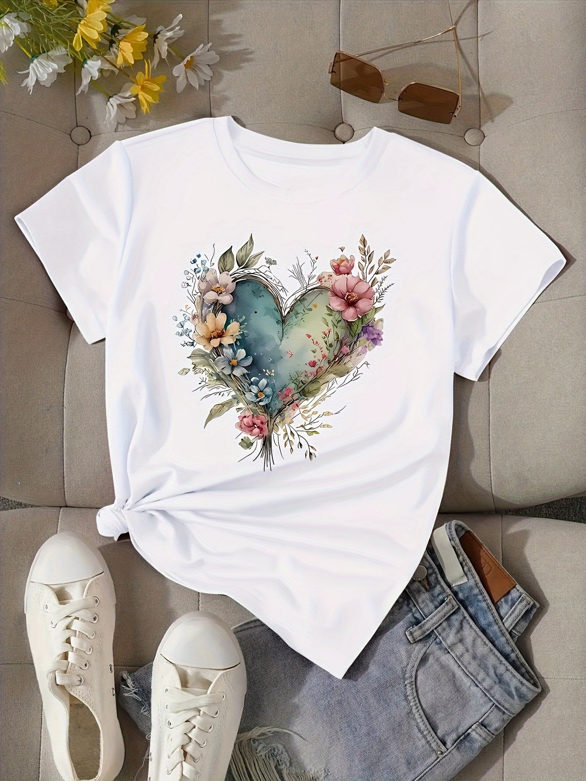 Women Love Print T-shirt Short Sleeve Crew Neck Casual Top Summer Women’s Shirt√