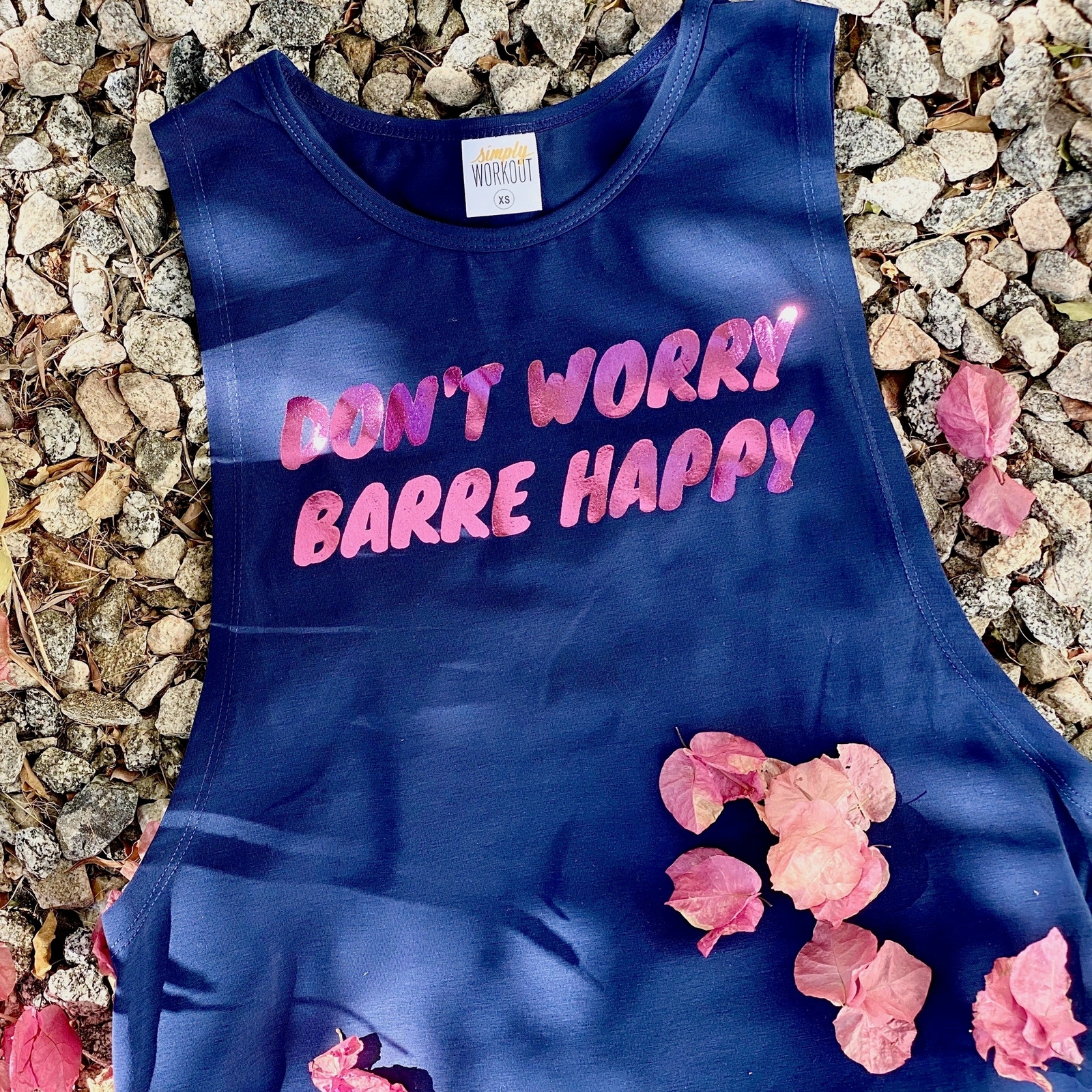 Don’t Worry Barre Happy – Pink Foil – Navy Muscle Tank