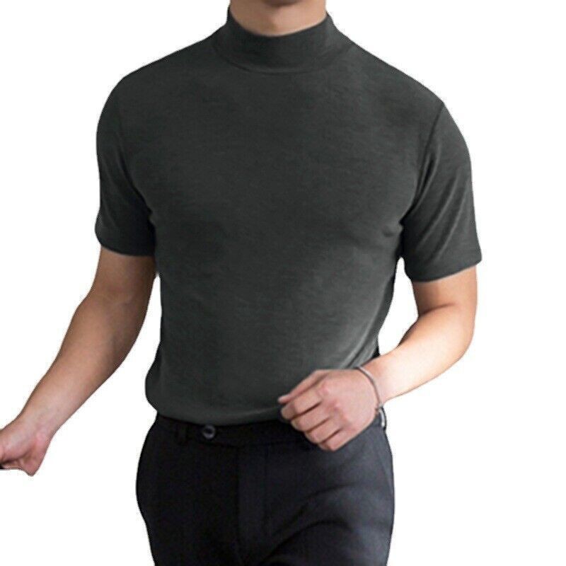 New Mens T-Shirt Short Sleeve Basic Mock Turtleneck Slim Fit Pullover Solid Tops