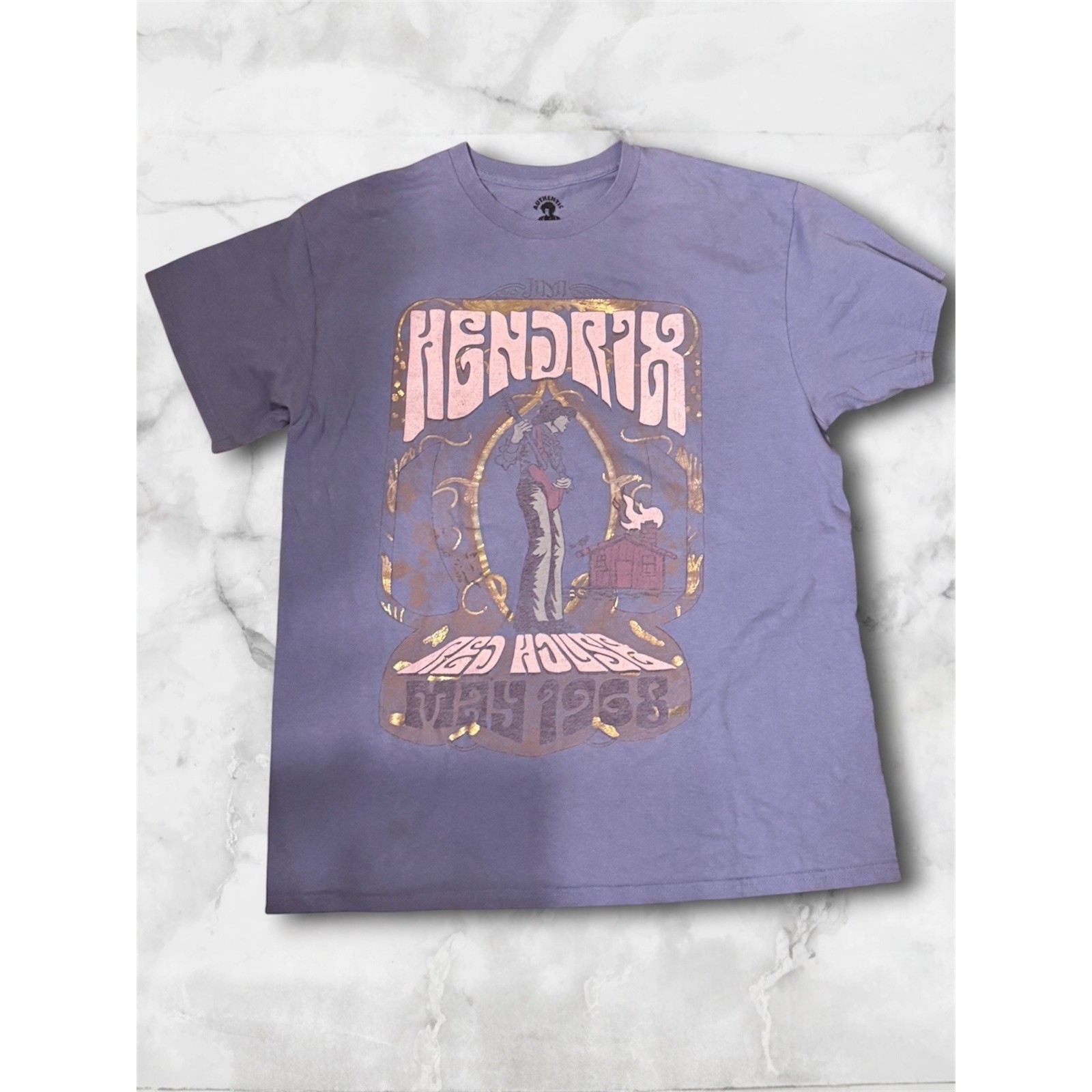 Authentic Jimi Hendrix Red House Light Purple Graphic T-Shirt Gold Foil Large