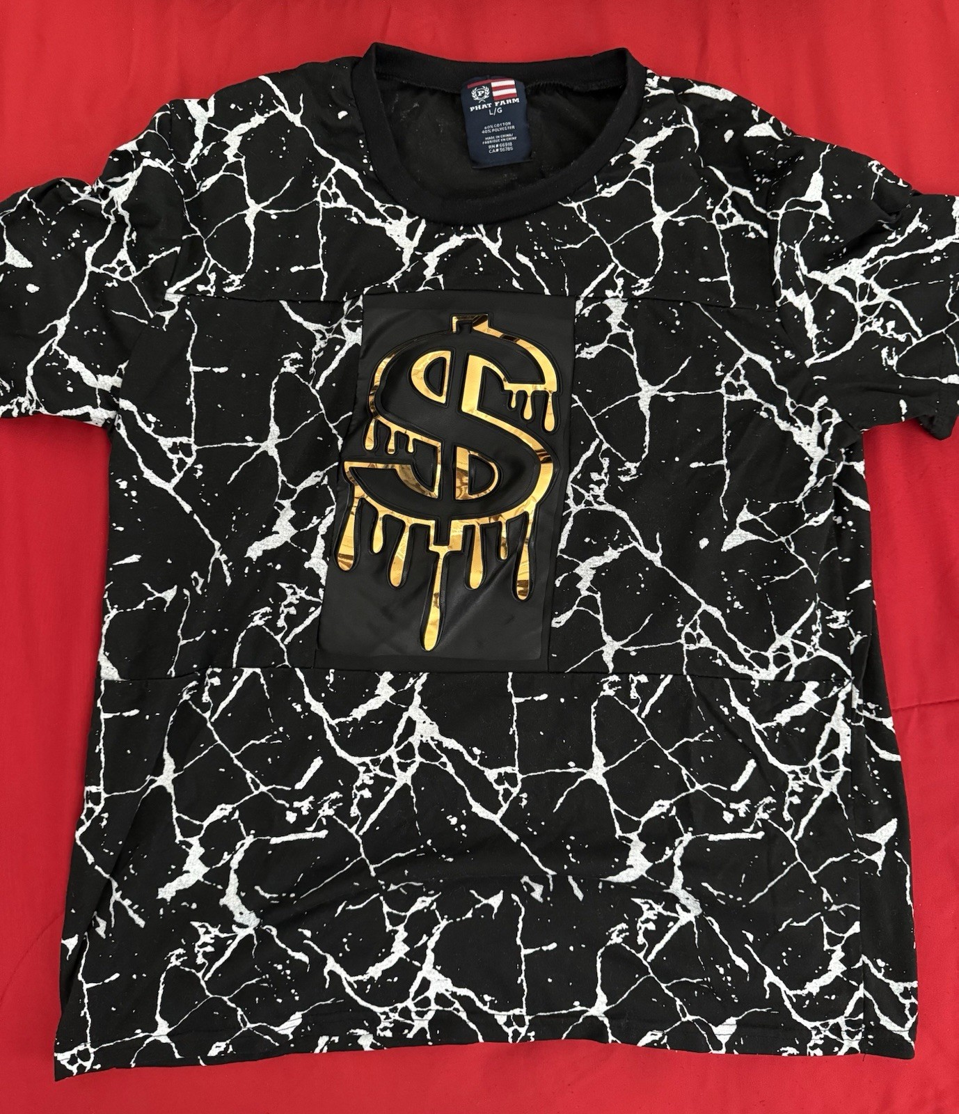 Phat Farm Men’s L/G Regular Black White Marble Graphic Tee Gold Logo Crewneck