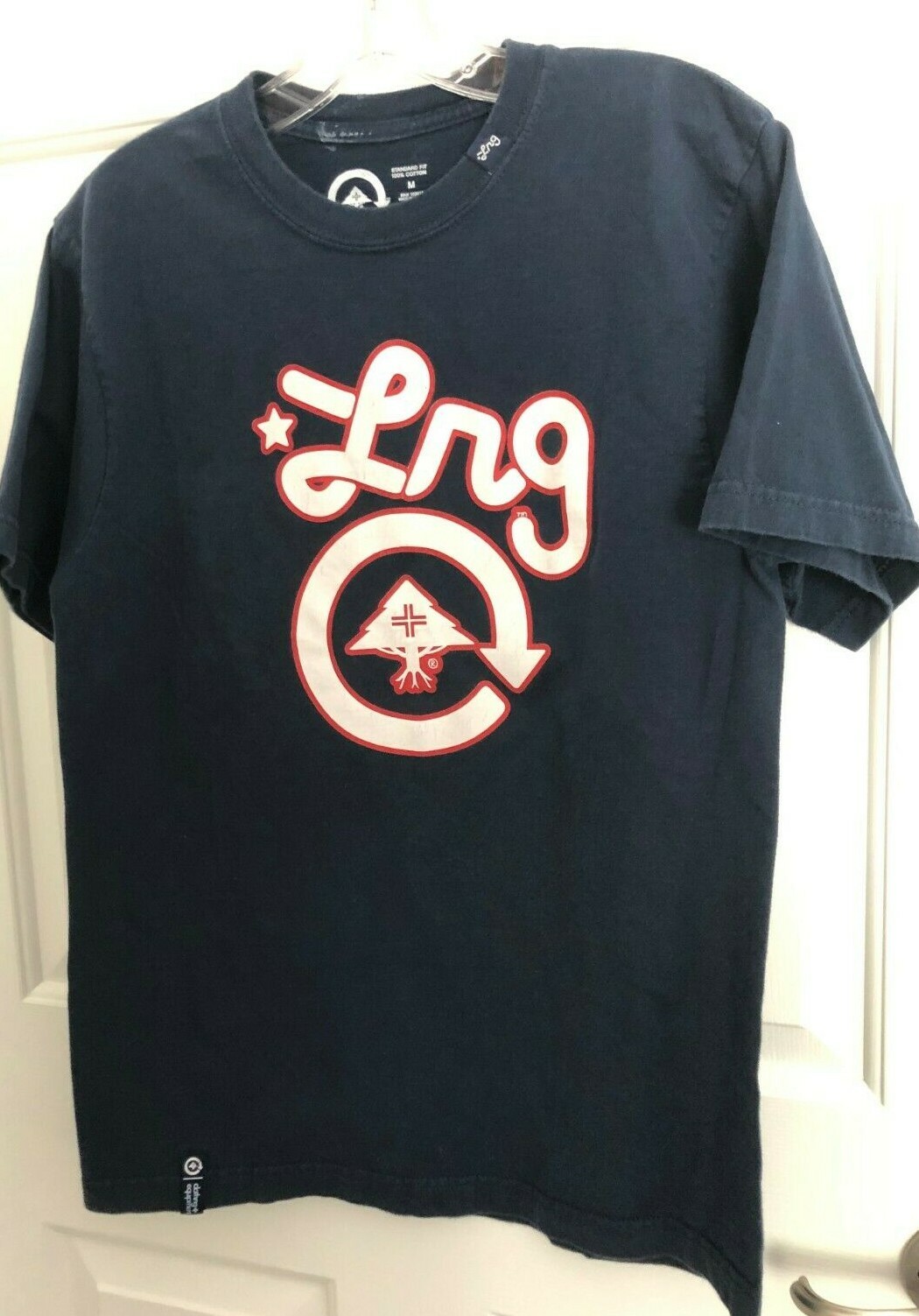 LRG LIFTED RESEACH GROUP Mens M Navy Blue Red TEE T-SHIRT Logo TOP 100% Cotton