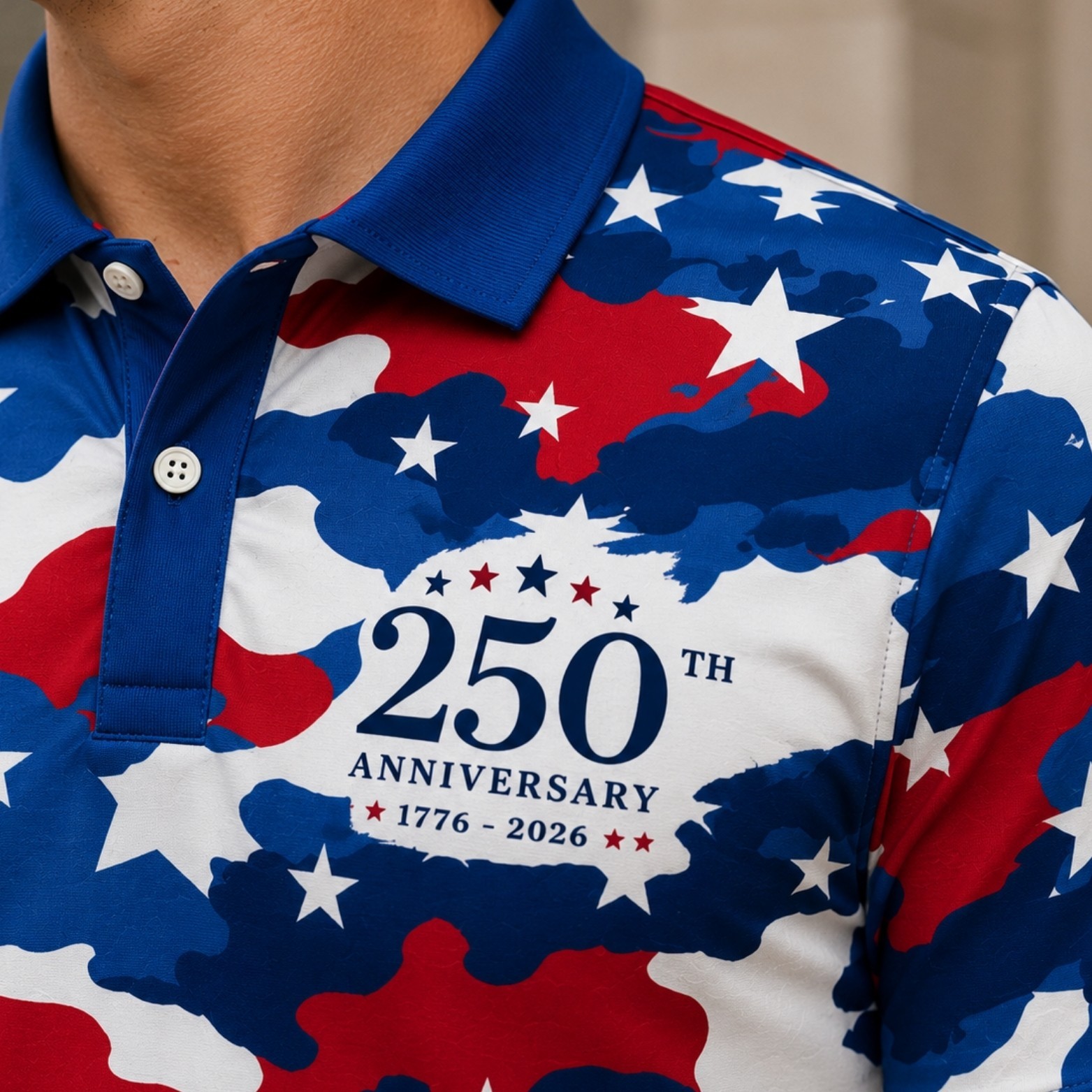 Red White Blue Camo Golf Polo, USA 250th Anniversary 1776-2026 Patriotic (S-5XL)