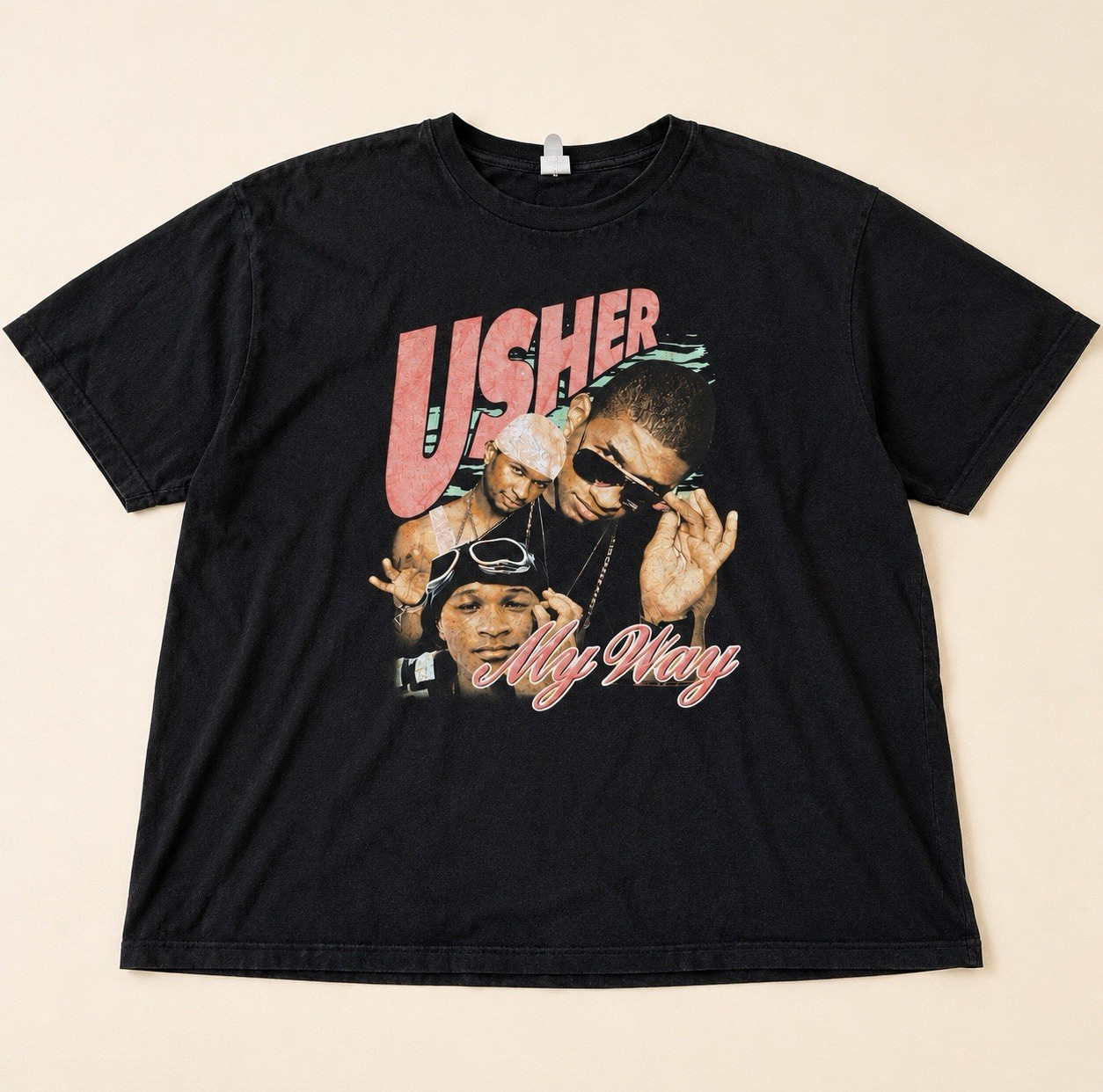 Usher Graphic Print Black Cotton Jersey T-Shirt Regular Fit Crew Neck 2XL
