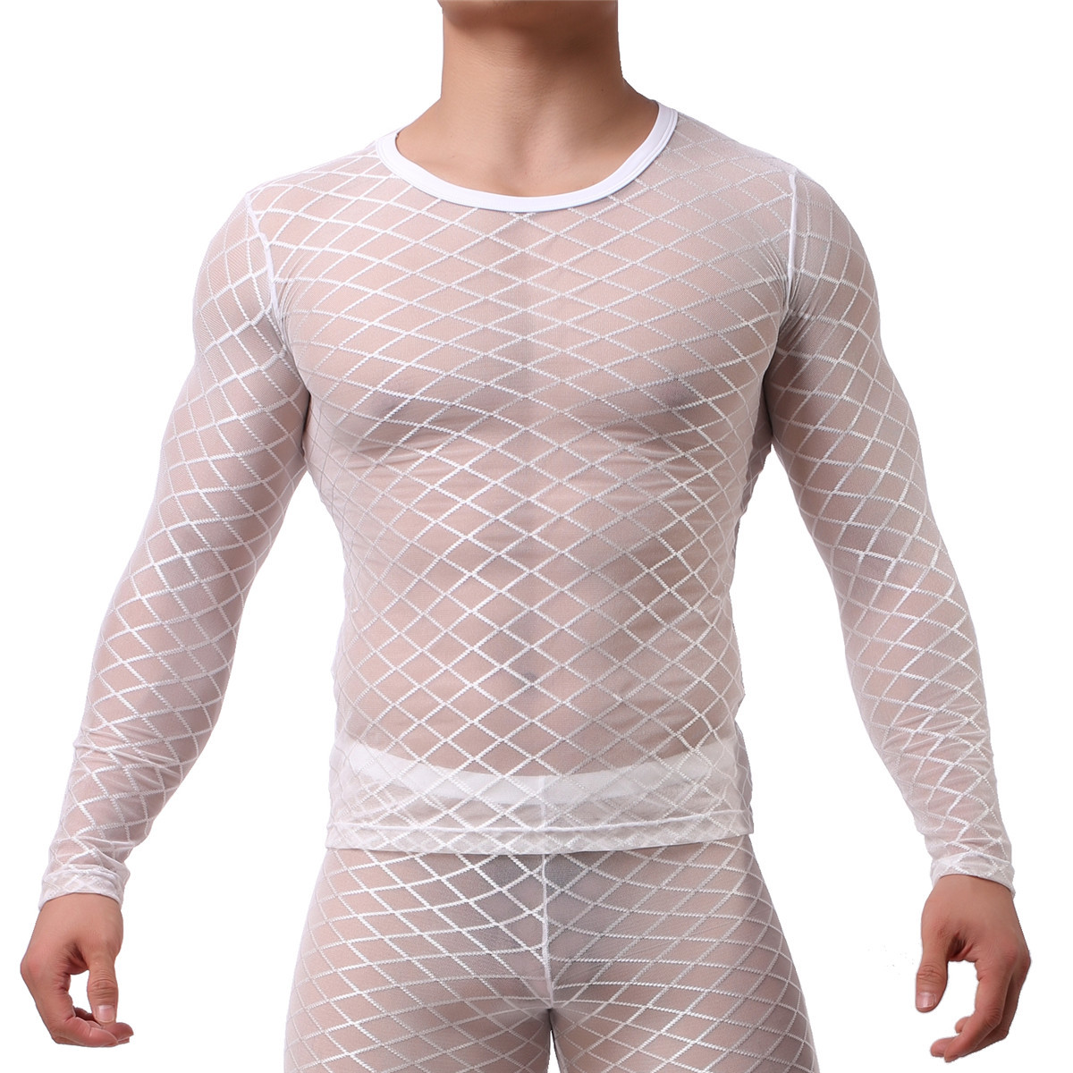 Fetish Mens Underwear Sheer Mesh Muscle T-Shirt Tank Tops Long Johns Trousers