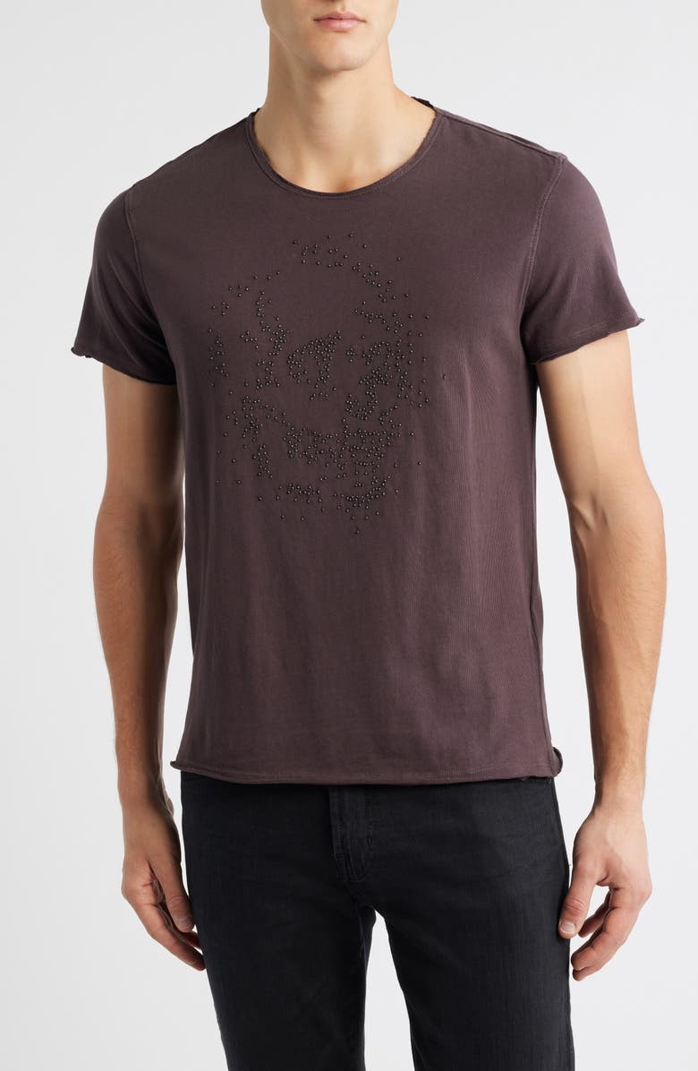 $168 John Varvatos Beaded Skull Raw Edge T-Shirt Mens Medium Oxblood Cotton Tee