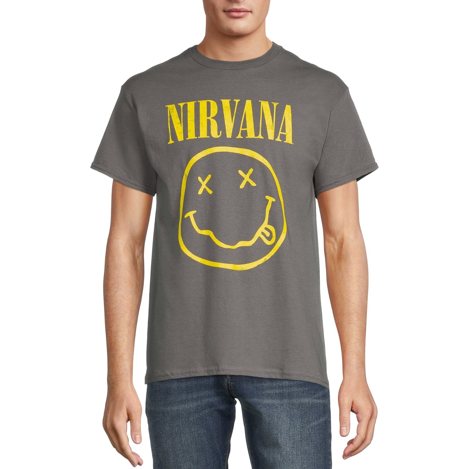 Nirvana Men’s Smiley Logo Graphic Print Tee- Charcoal Grey with Yellow Graphic