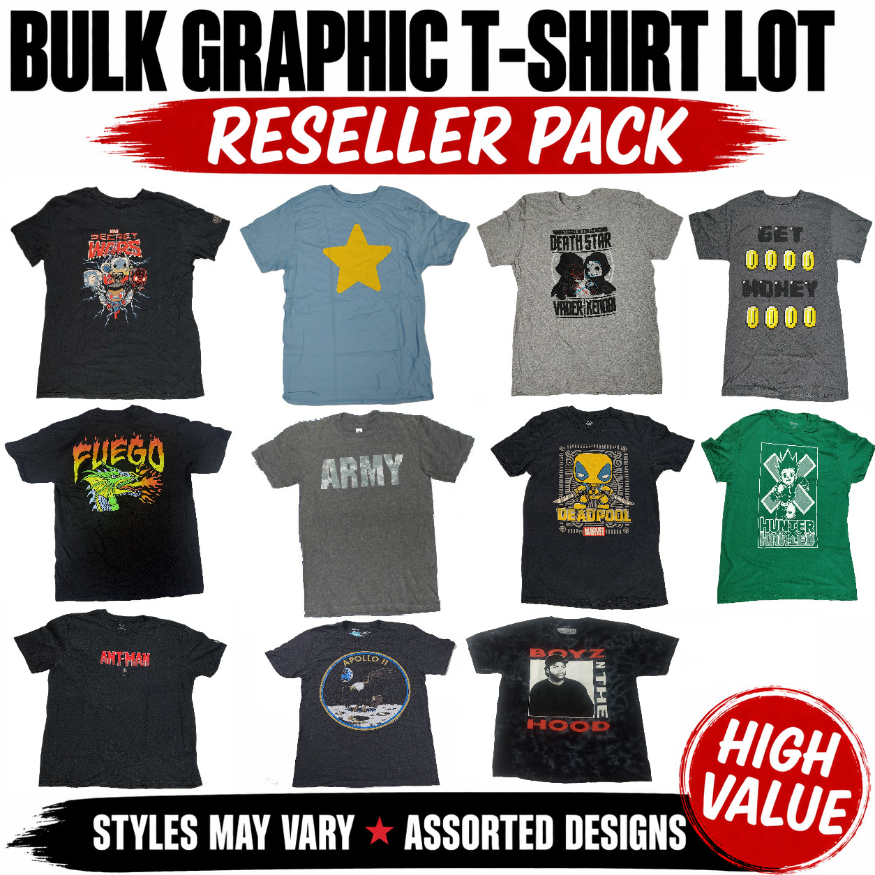 Bulk Graphic T-Shirt Lot Reseller Pack Mens Anime Marvel DC Pop Culture