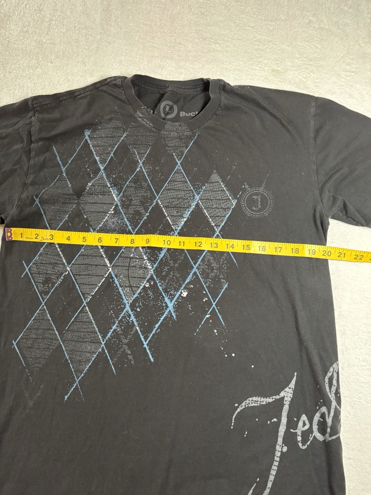 Jedidiah Buckle Brand Black T- Shirt Speckled Blue Graffiti Print Size L Gothic