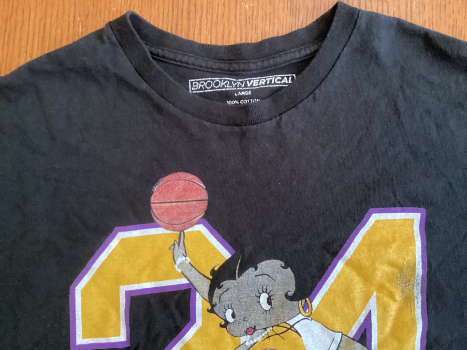 Brooklyn Vertical Betty Boop Sporting #24 Purple & Gold Black T Shirt size L